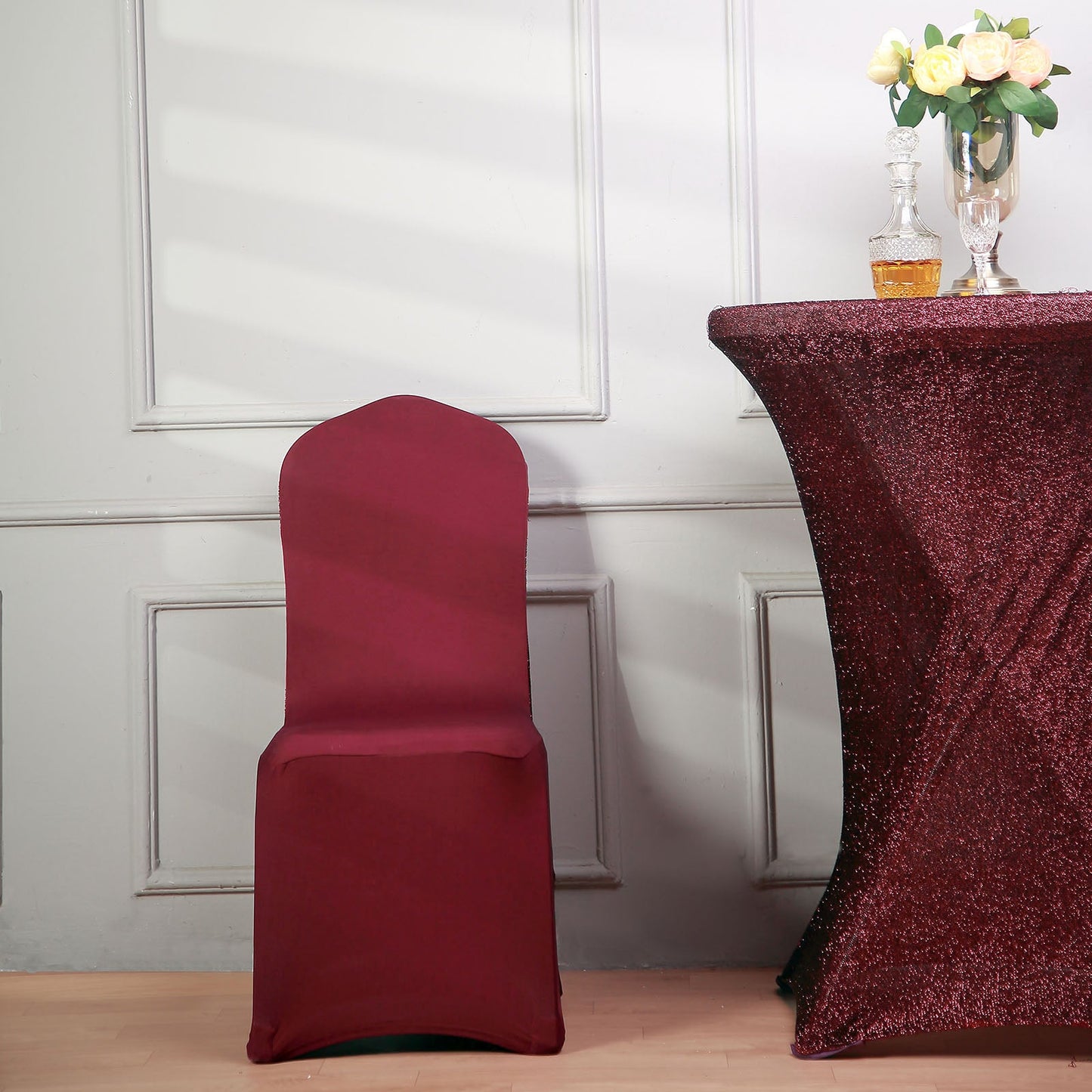Burgundy Spandex Stretch Banquet Chair Cover, Fitted with Metallic Shimmer Tinsel Back