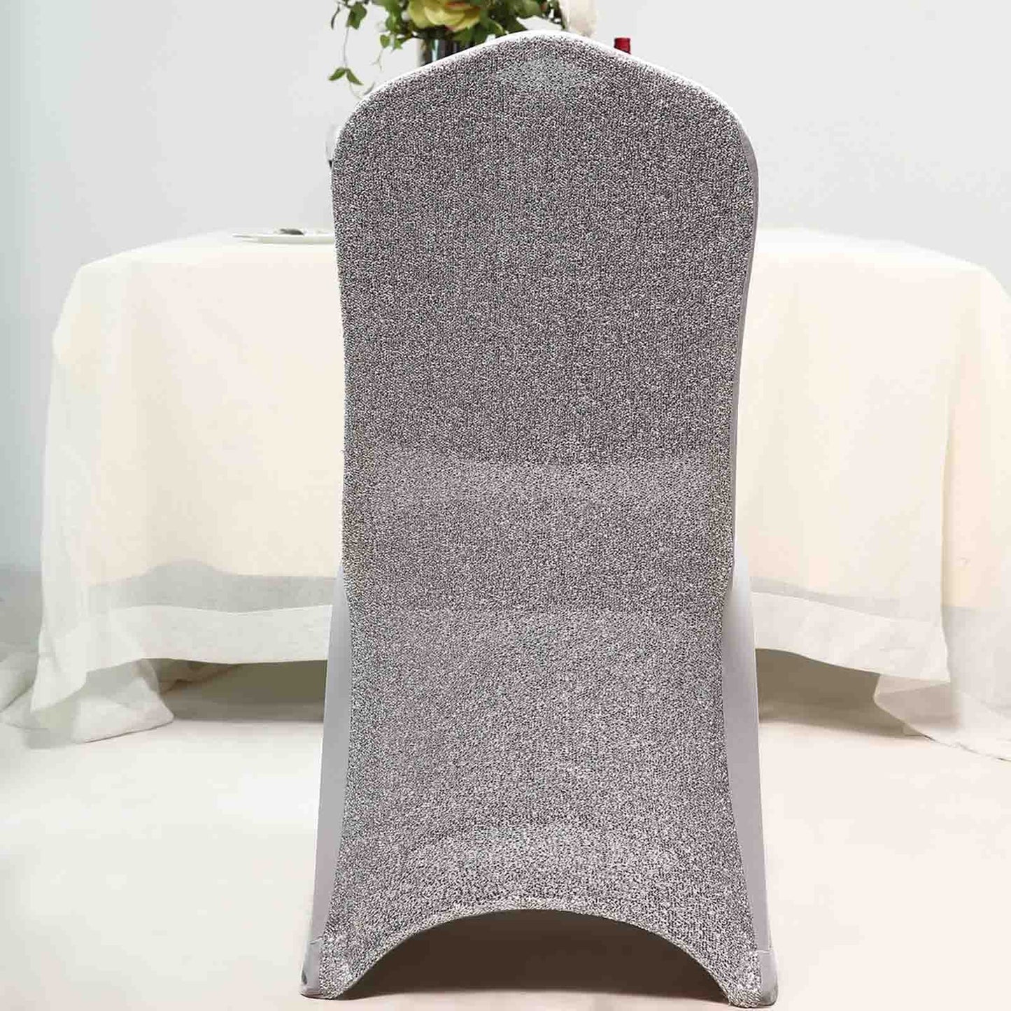 Silver Metallic Shimmer Tinsel Back Spandex Stretch Fitted Banquet Chair Cover