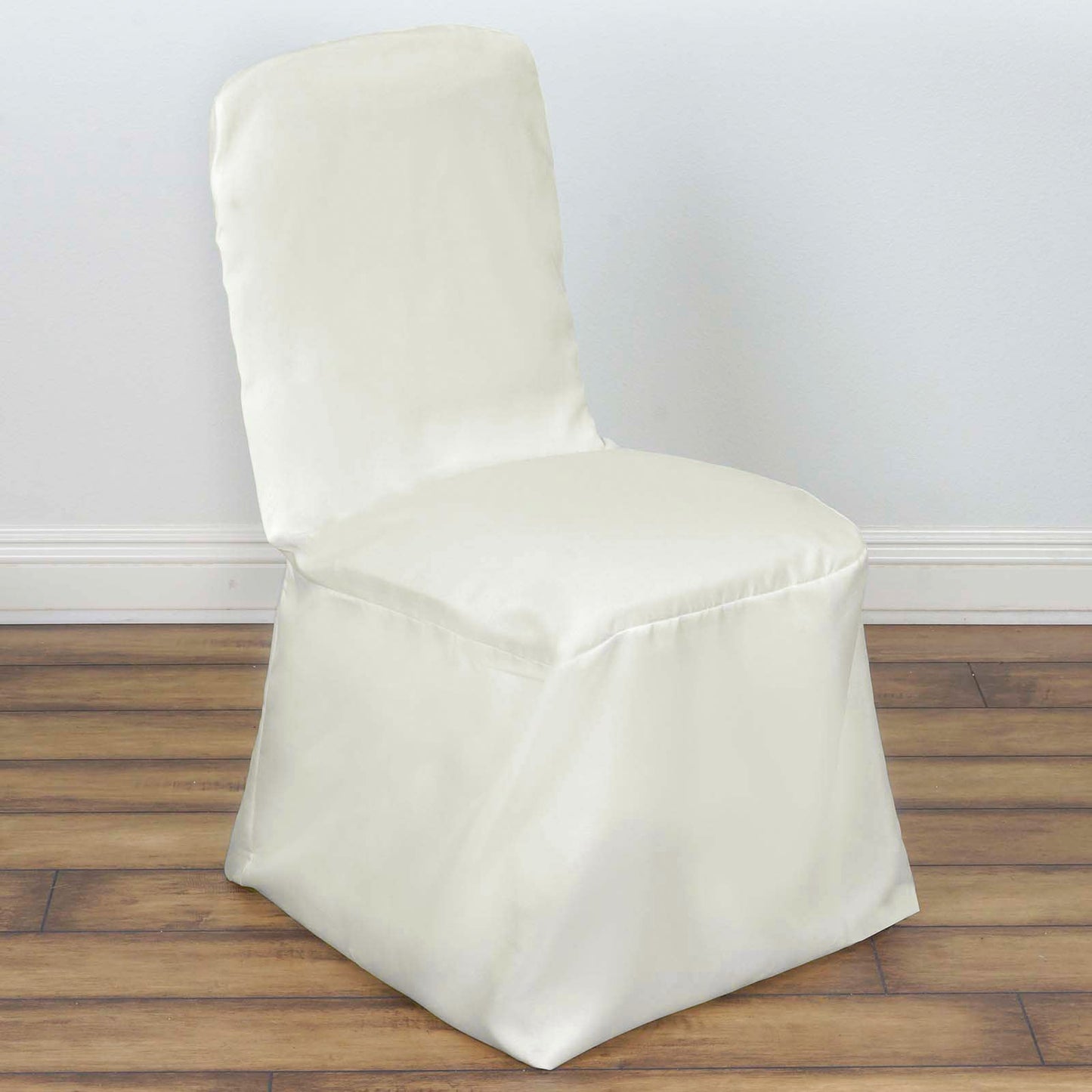 Ivory reusable square top banquet chair cover.