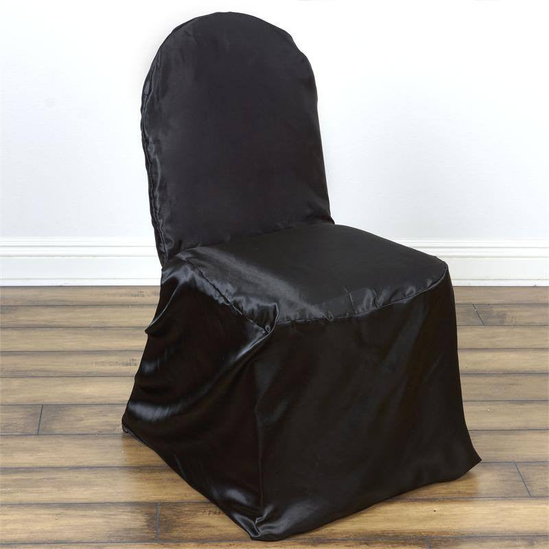 Black glossy satin banquet chair cover, elegant and reusable.