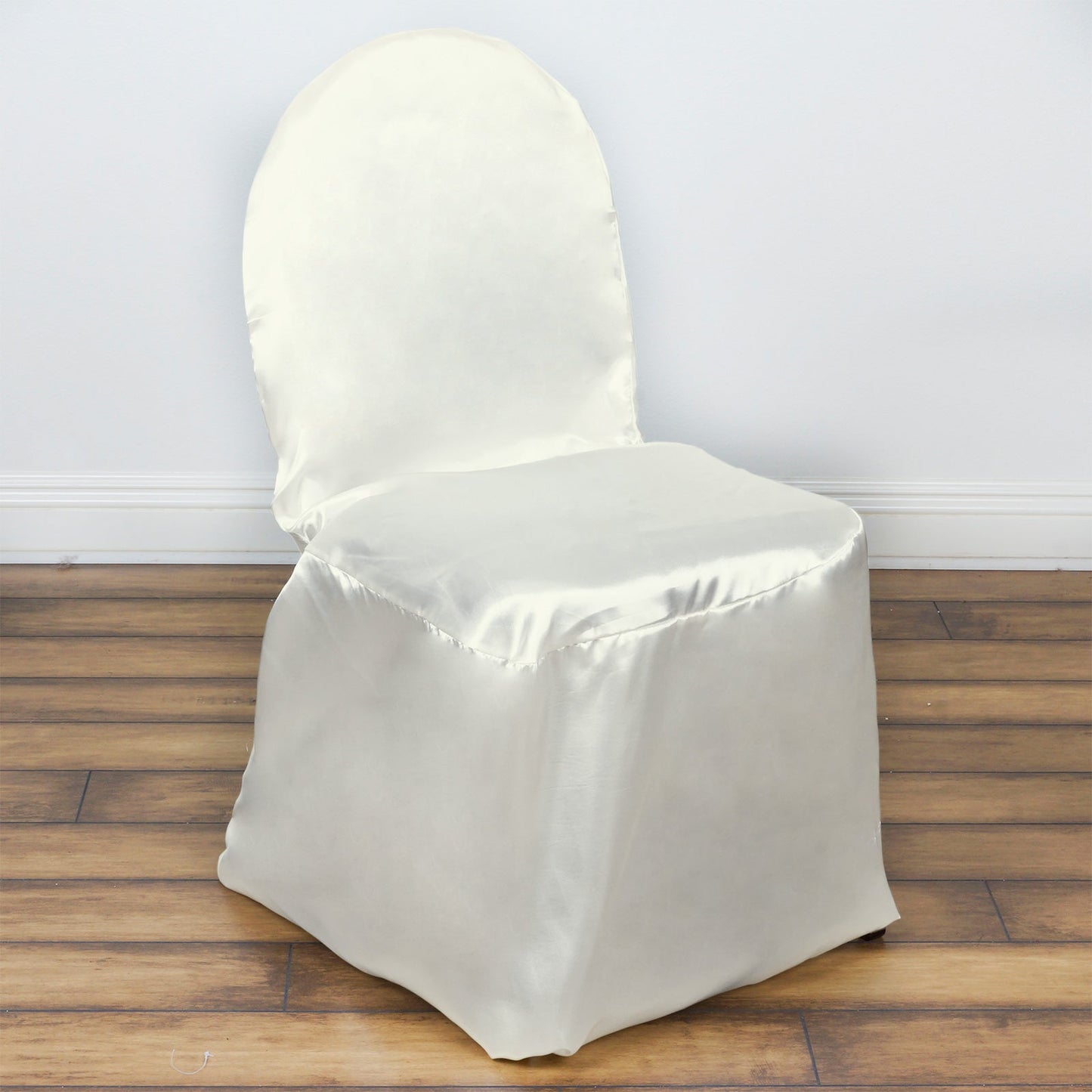 Ivory glossy satin banquet chair cover, elegant and reusable.
