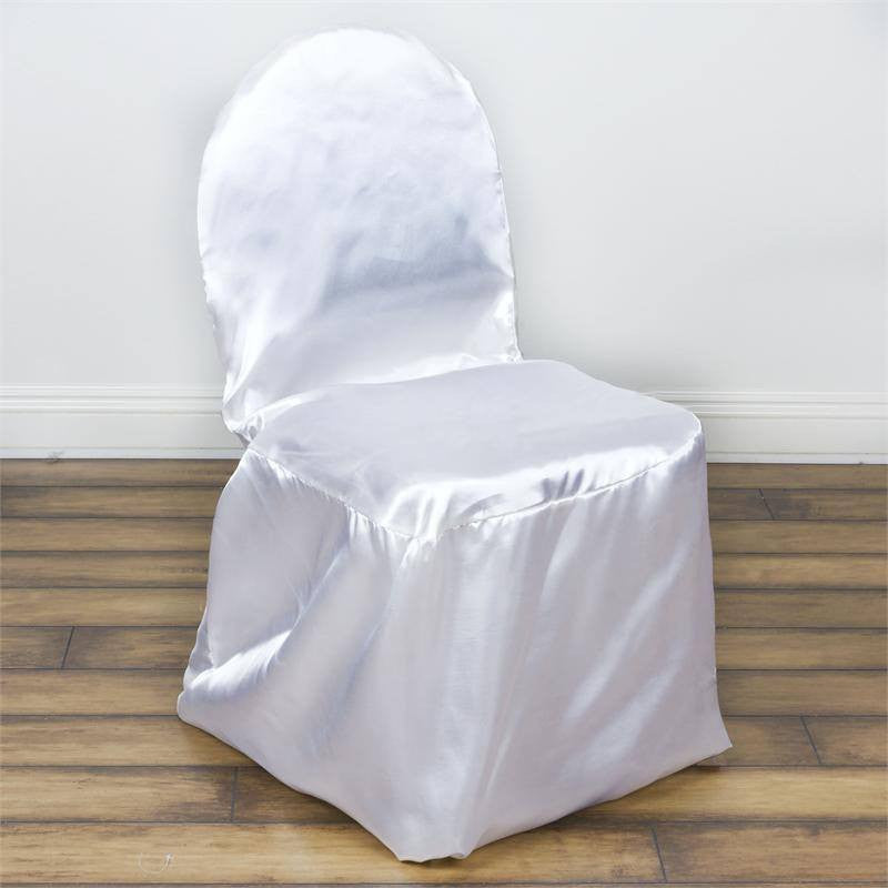White glossy satin banquet chair cover, reusable and elegant.