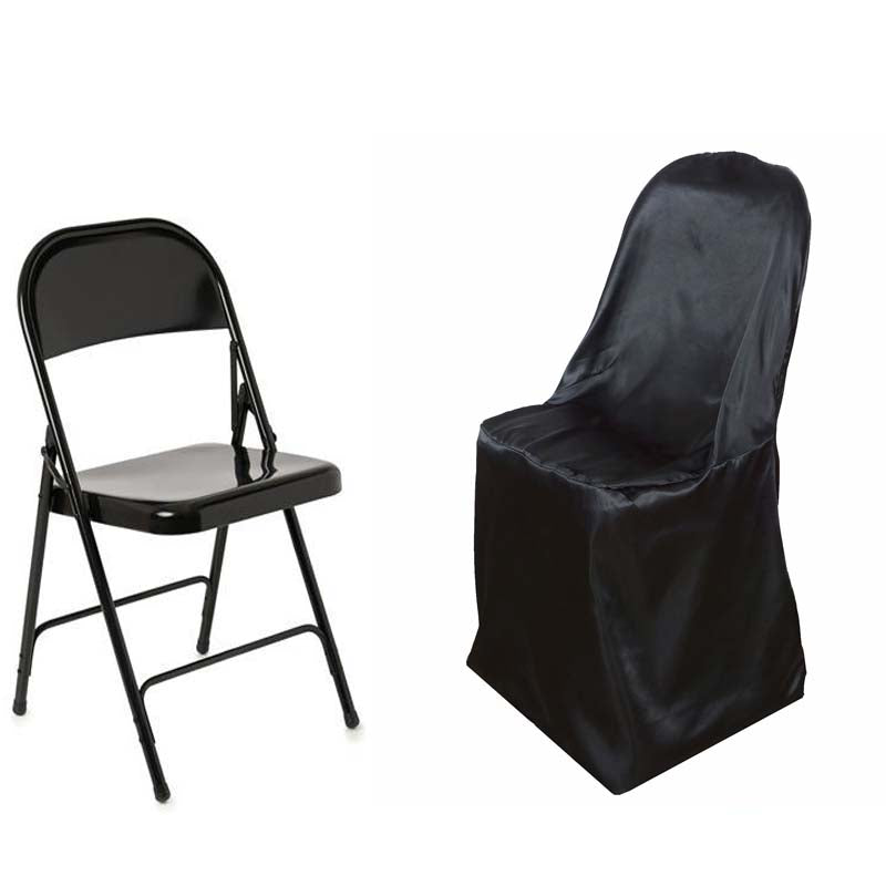 Black glossy satin folding chair cover on a black chair.