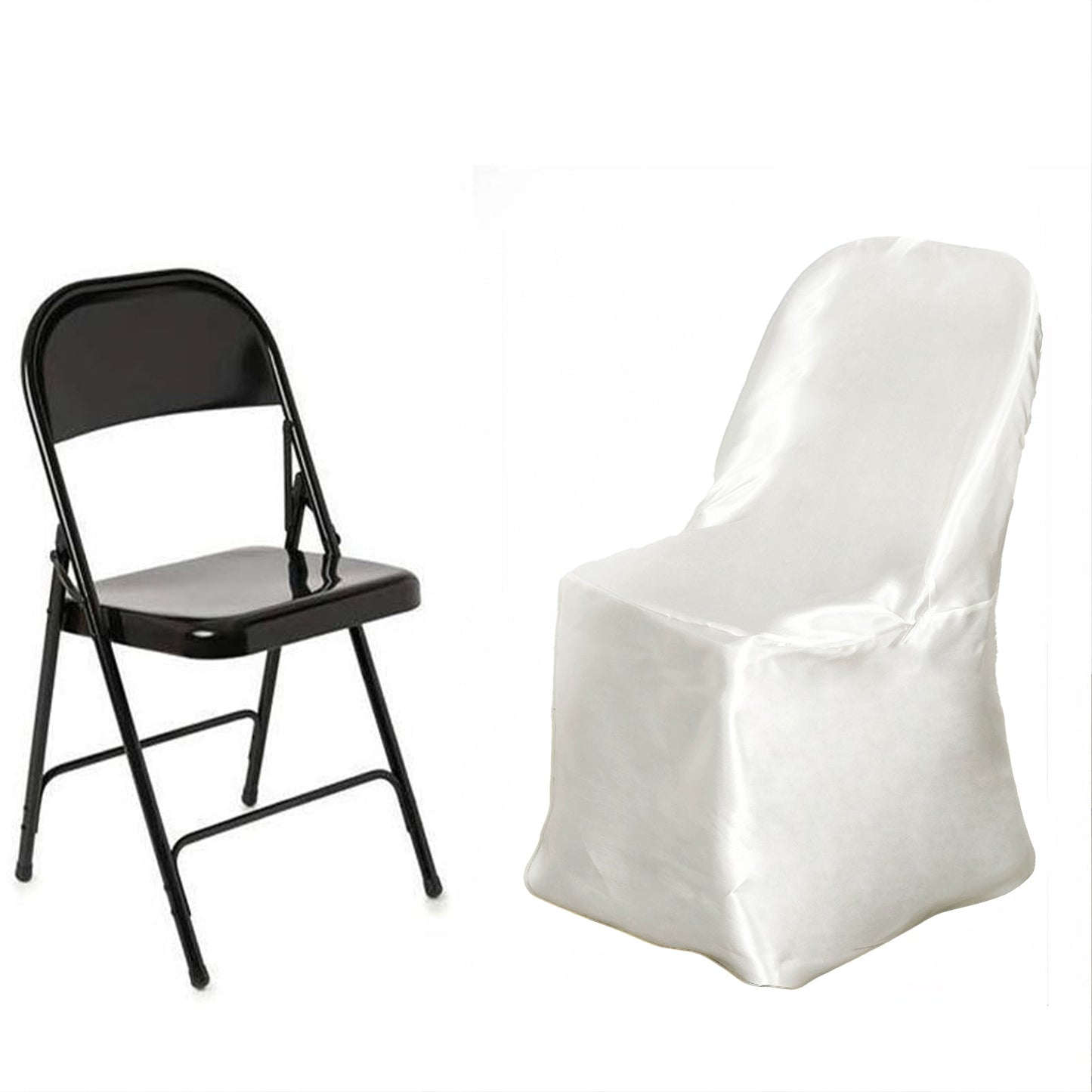 Ivory satin folding chair cover, reusable and elegant design.