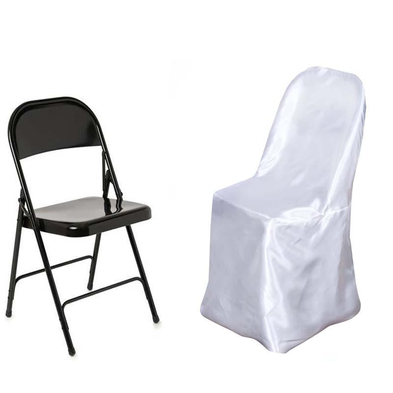 White glossy satin folding chair cover on a black folding chair.