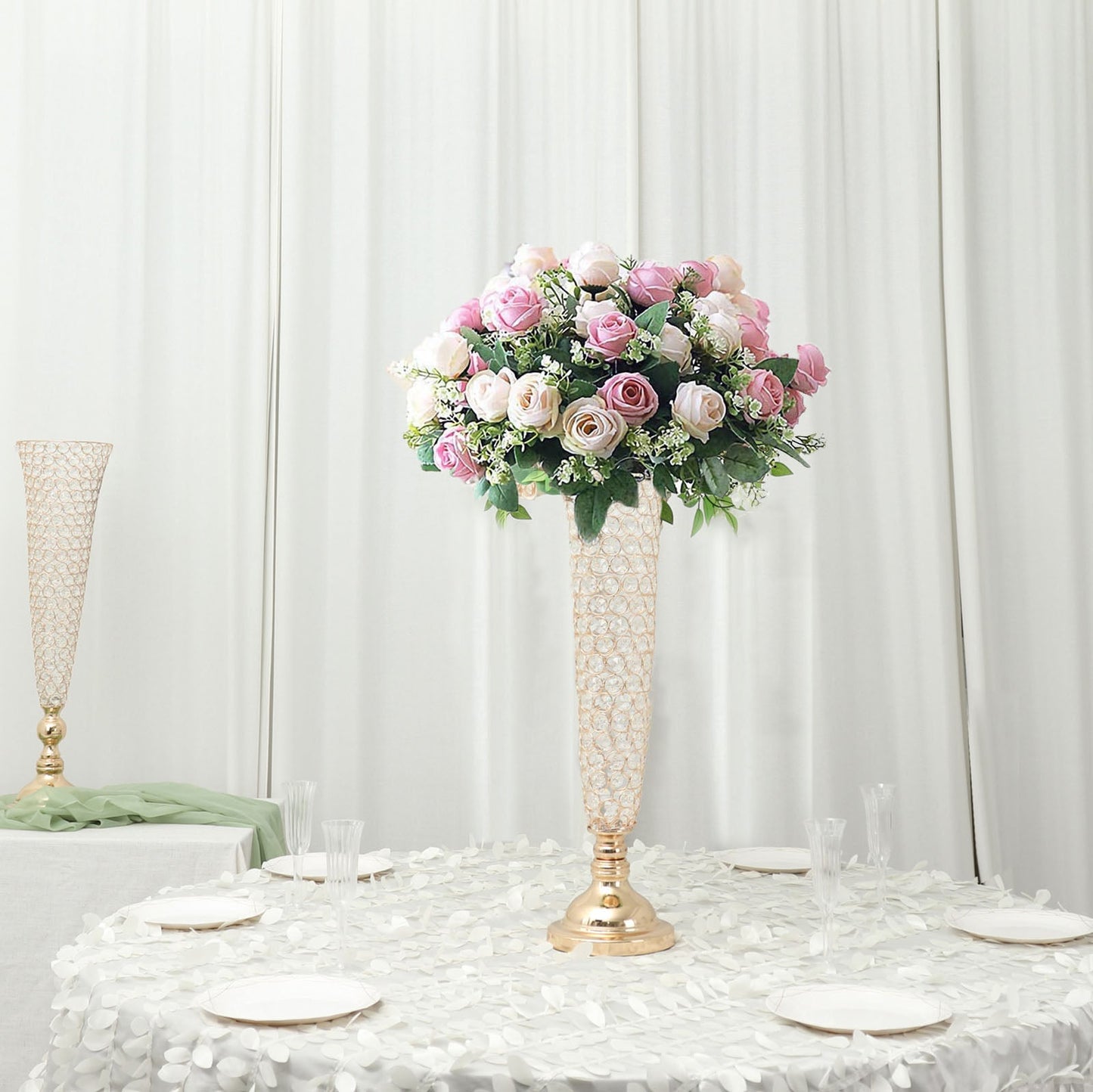 2 Pack 28 Inch Tall Gold Crystal Trumpet Vases