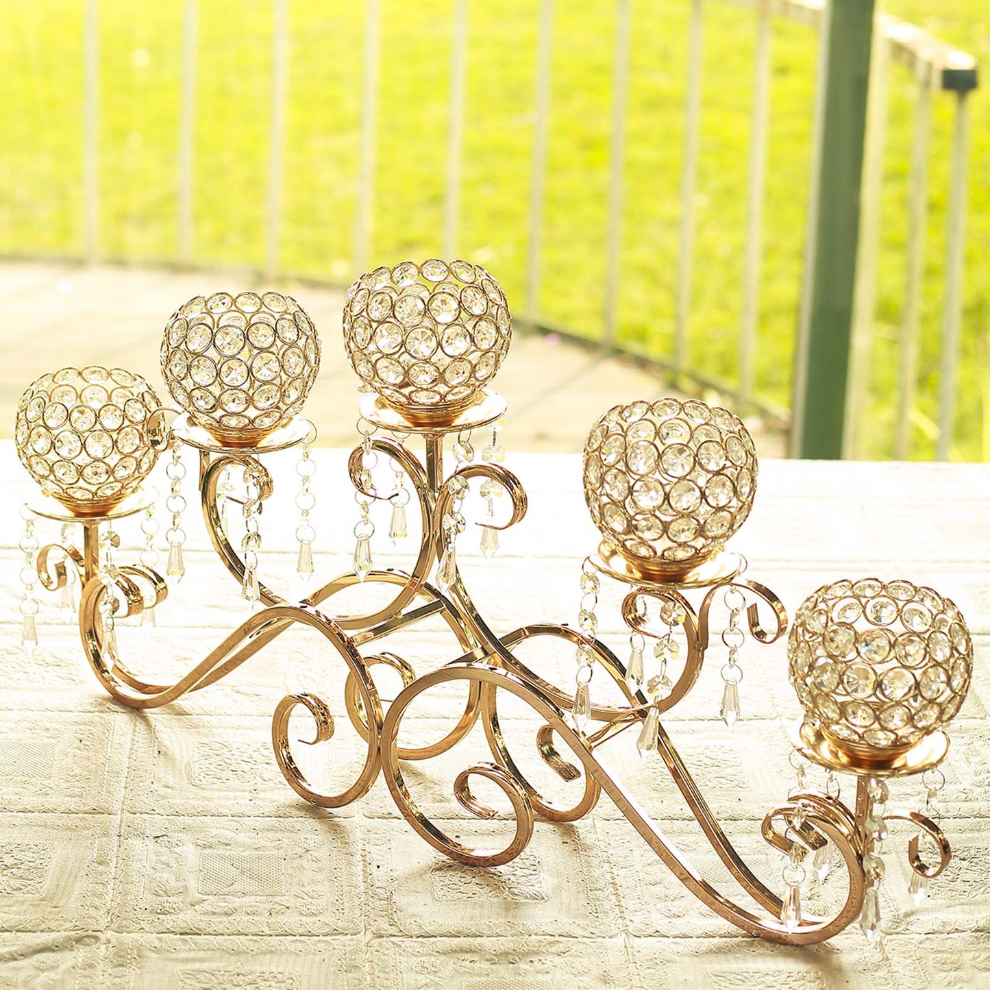 27inch 5 Arm Gold Metal Crystal Horizontal Candelabra Goblet Candle Holder Stand