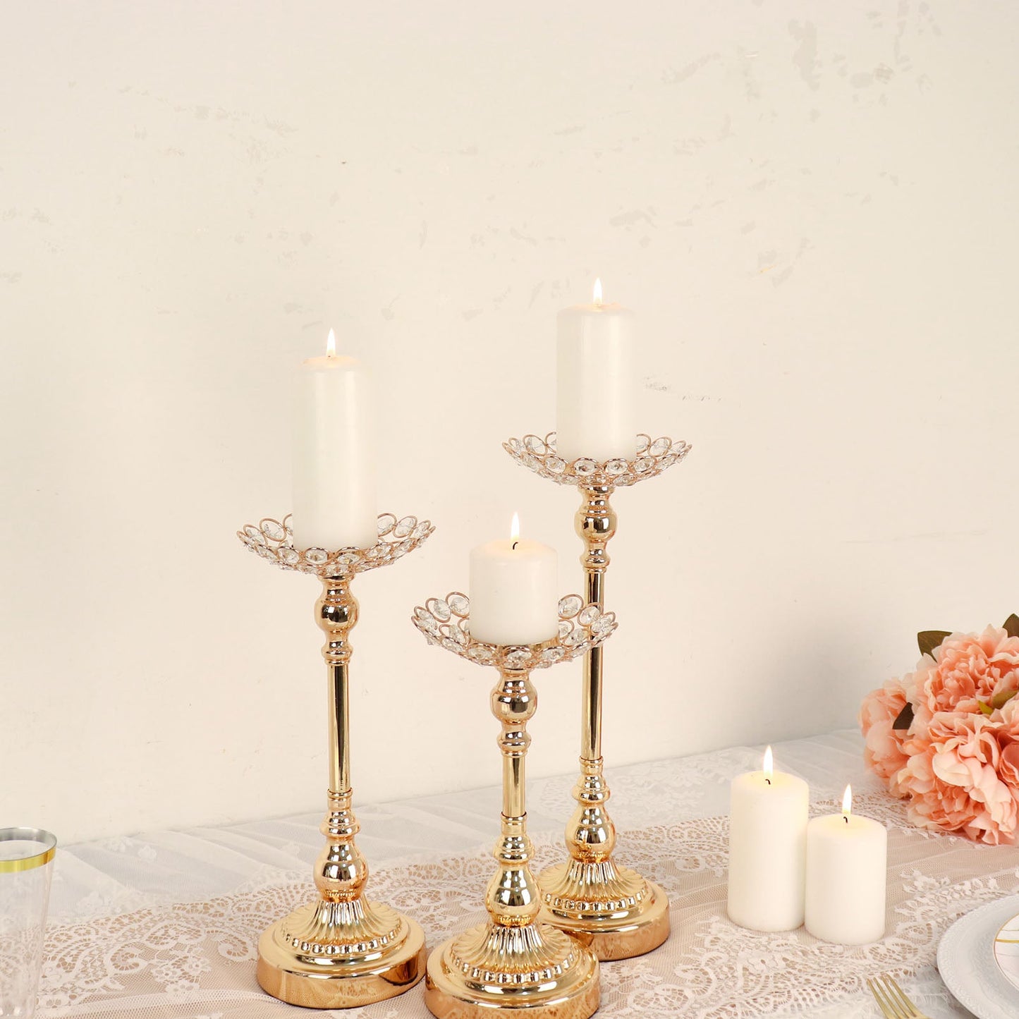 Gold metal crystal beaded votive candle holders centerpiece set.
