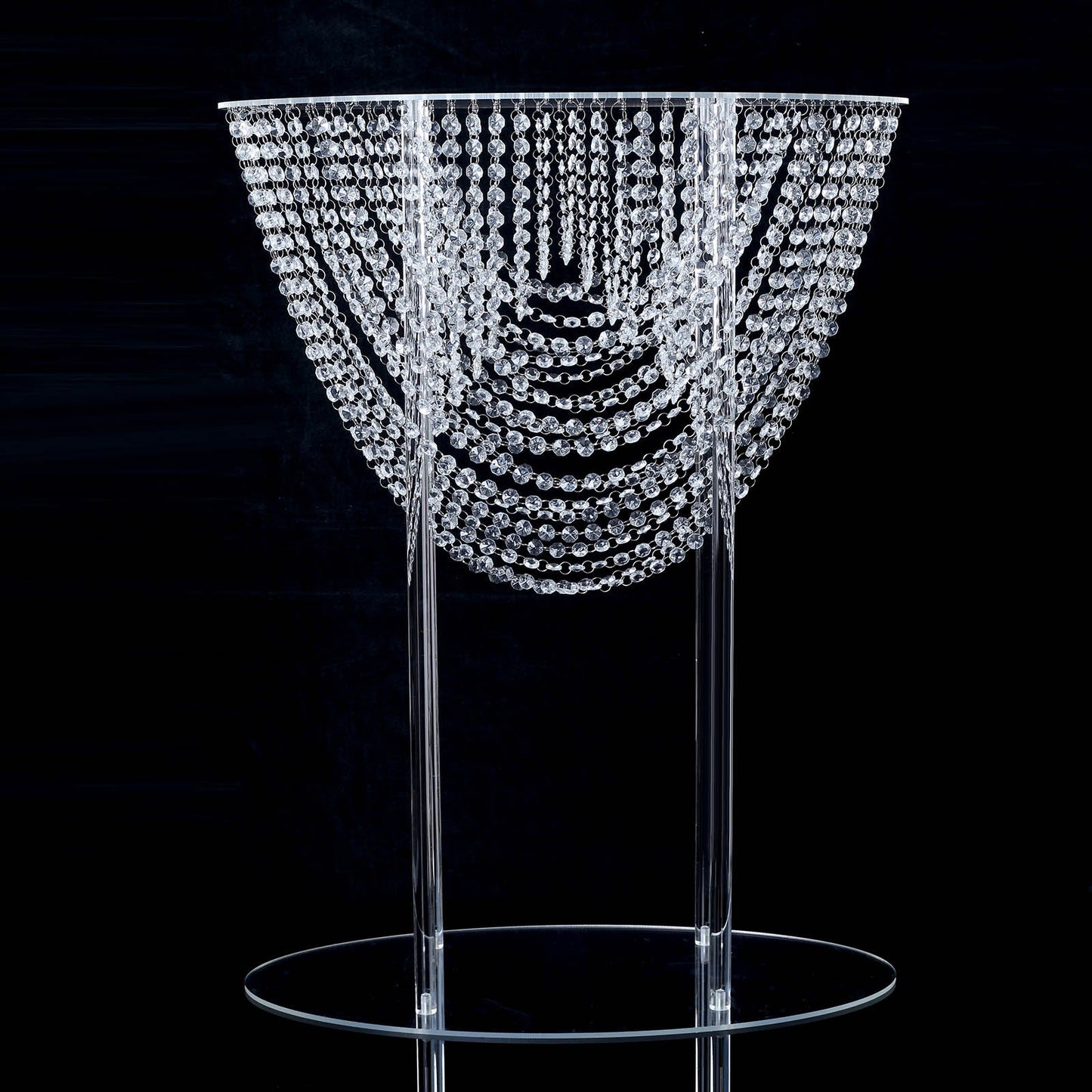 Clear acrylic crystal chandelier centerpiece for wedding bouquet display.
