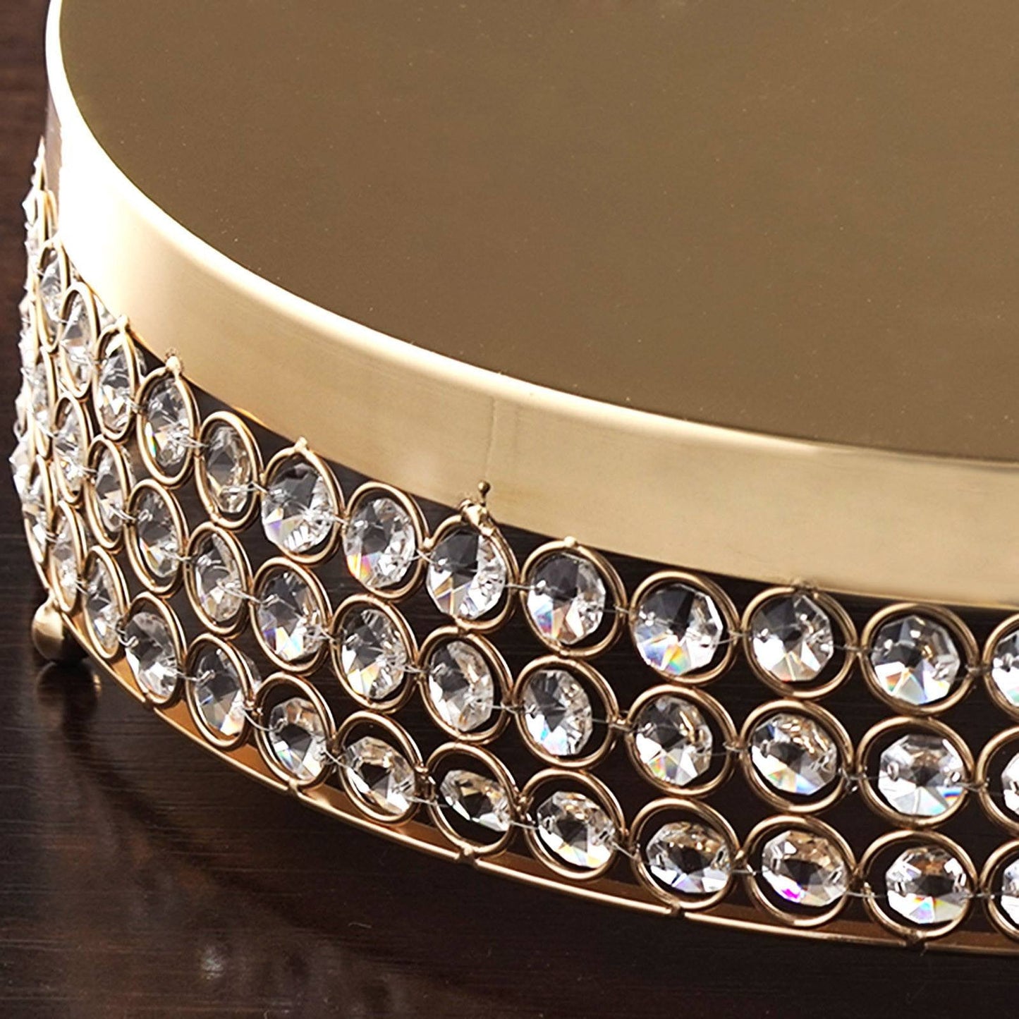 Gold crystal beaded metal cake stand pedestal for dessert display.