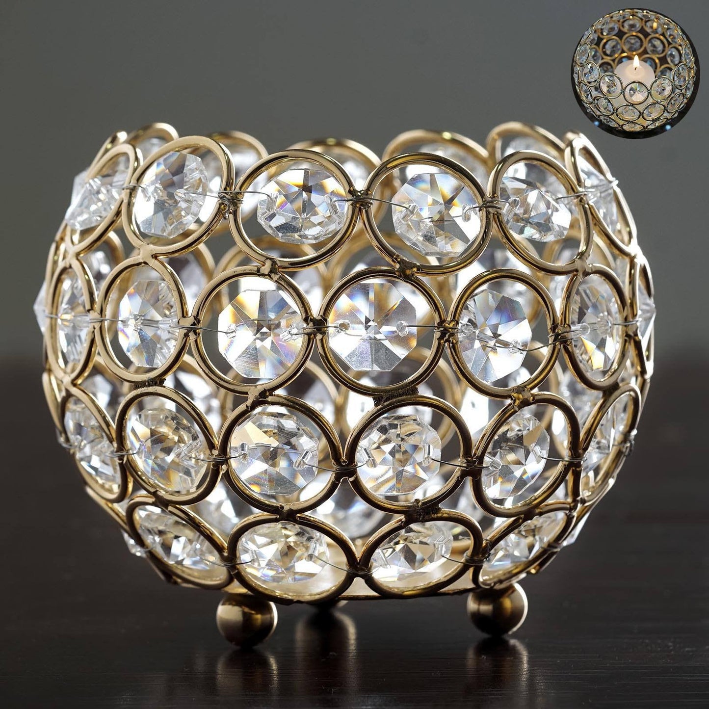 Round Gold Metal Votive Candle Holder With Beaded Crystals 4 Inch