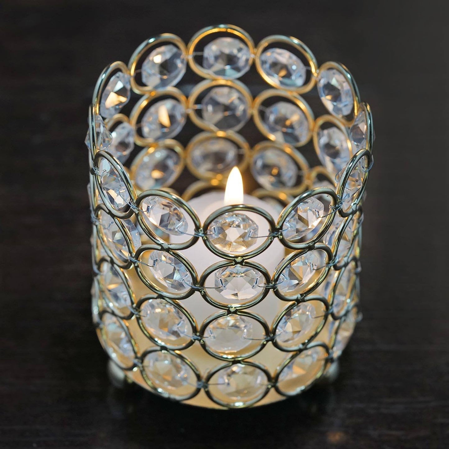 Gold Metal Tealight Candle Holder With Beaded Crystals 4 Inch
