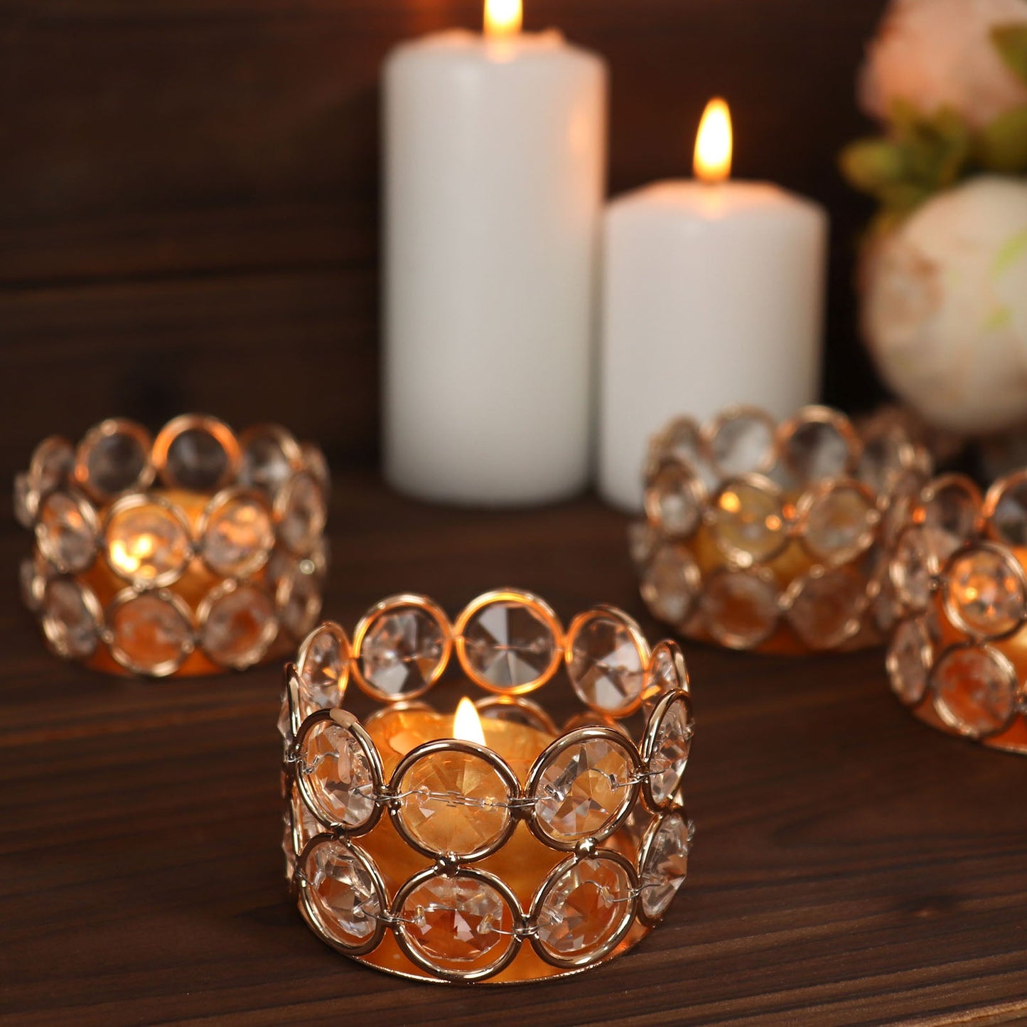 1.5 Inch Gold Colored Metal Crystal Beaded Votive Candle Holders 6 Pack