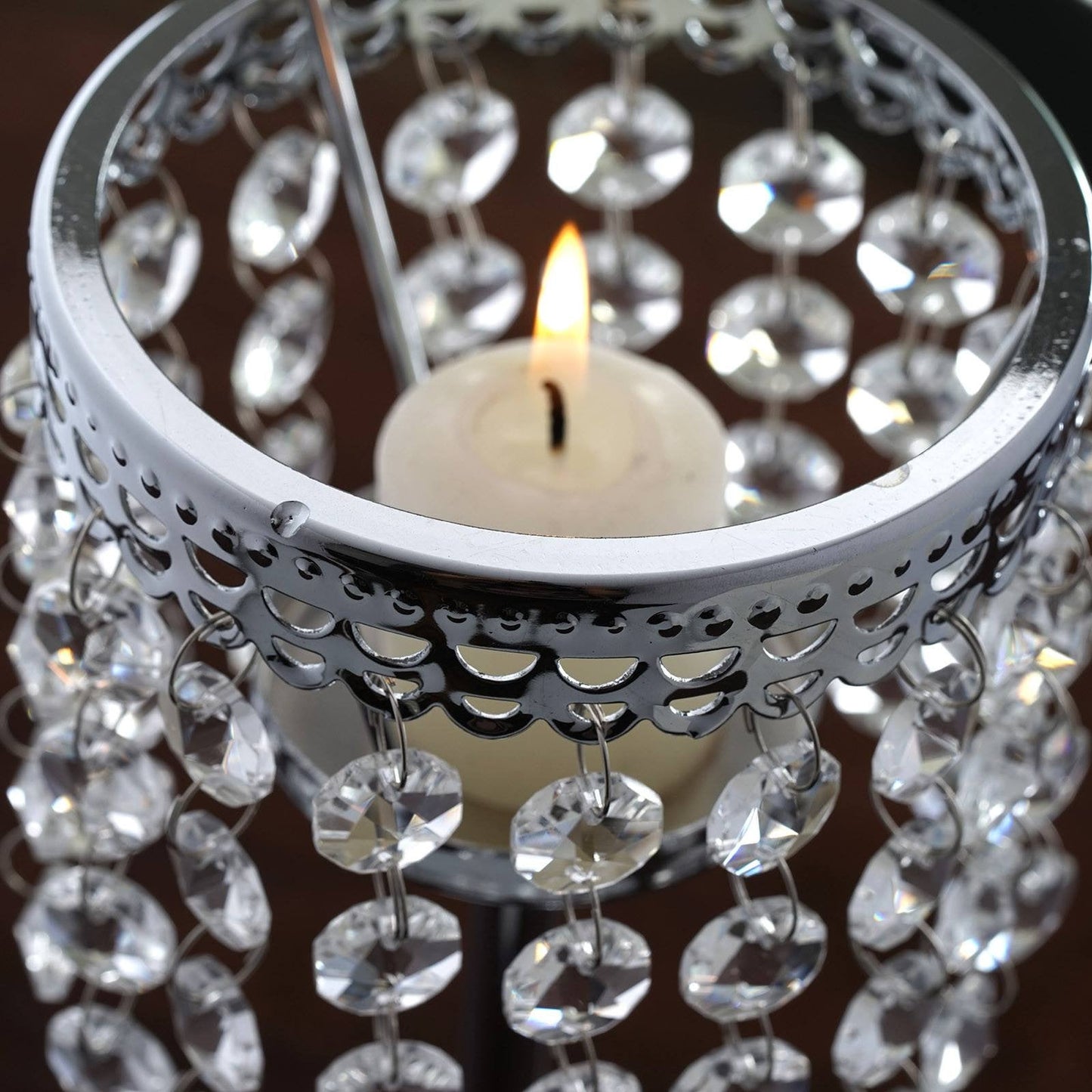 Silver crystal beaded chandelier votive candle holder with tealight.