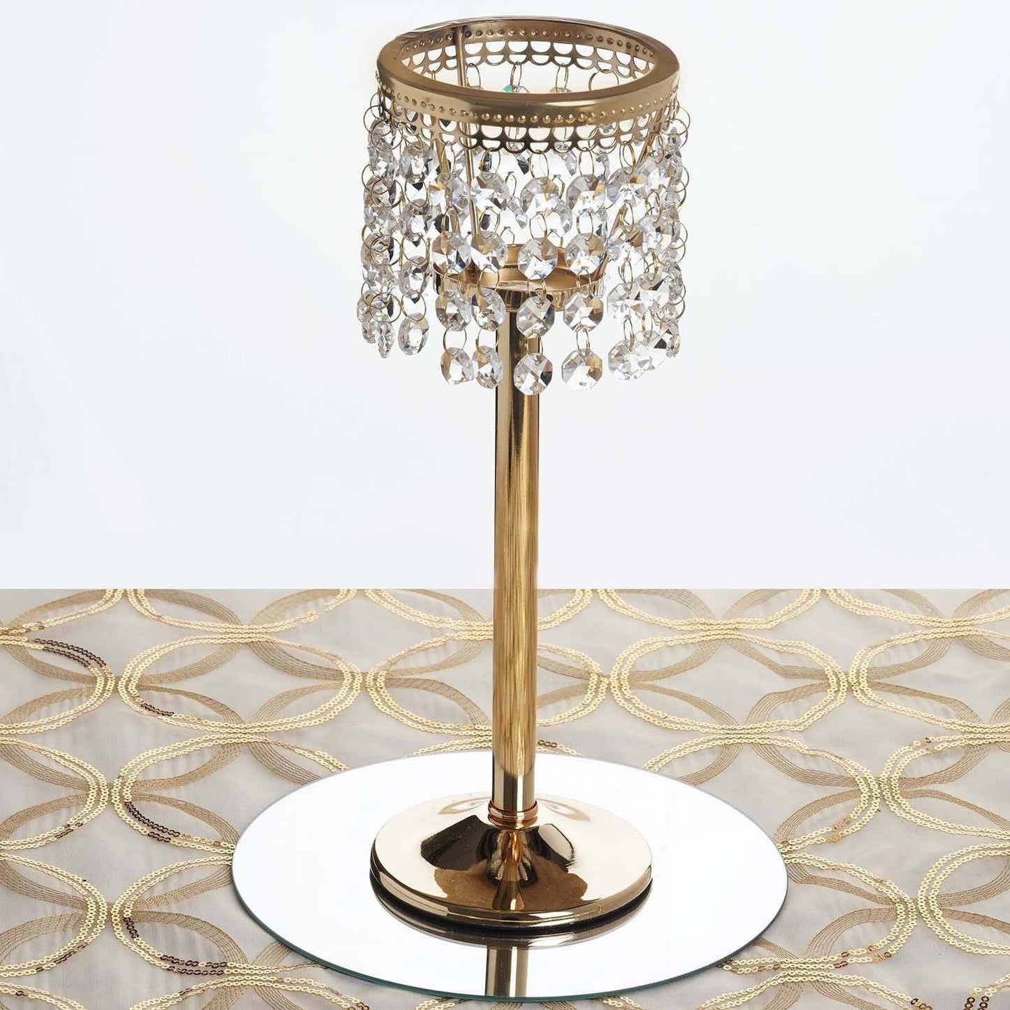 Gold crystal beaded chandelier votive candle holder with metal stand.