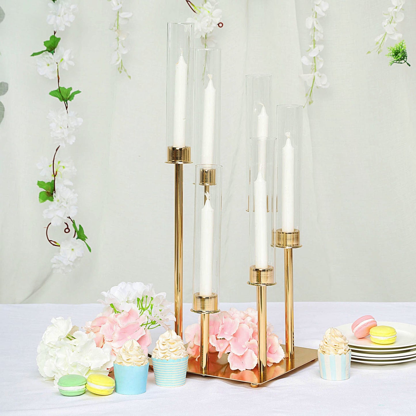 Gold 6 Arm Cluster Taper Candle Holder with Clear Glass Shades 24 Inch