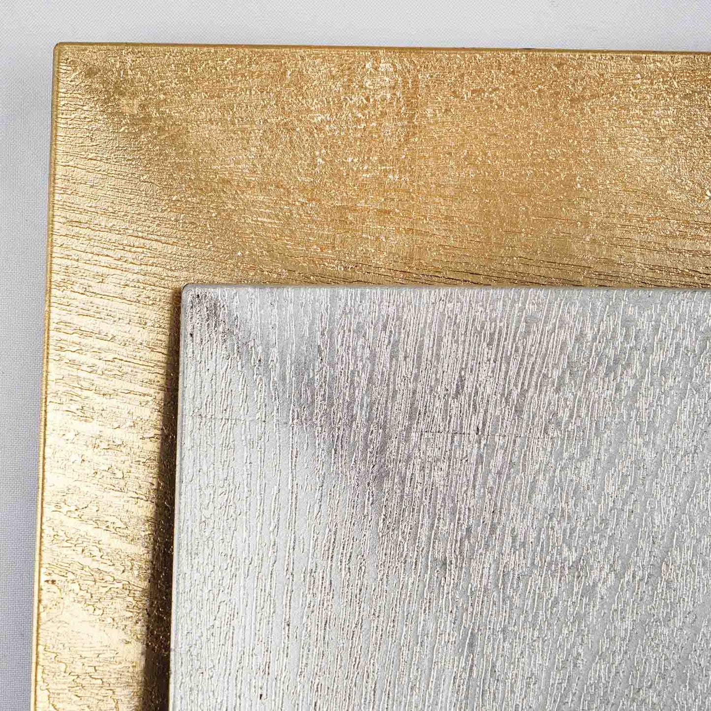 Gold square embossed wood grain acrylic charger plates, boho chic table decor.
