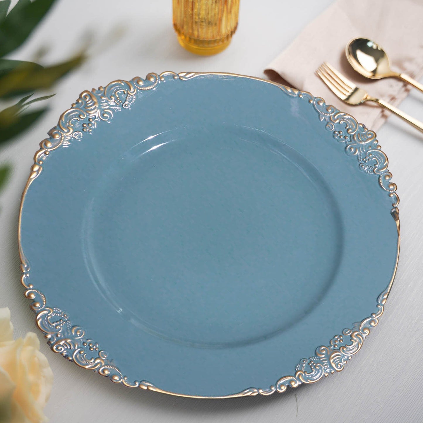 Dusty Blue Round Charger Plates With Antique Rim 6 Pack 13 Inch Gold Embossed Baroque