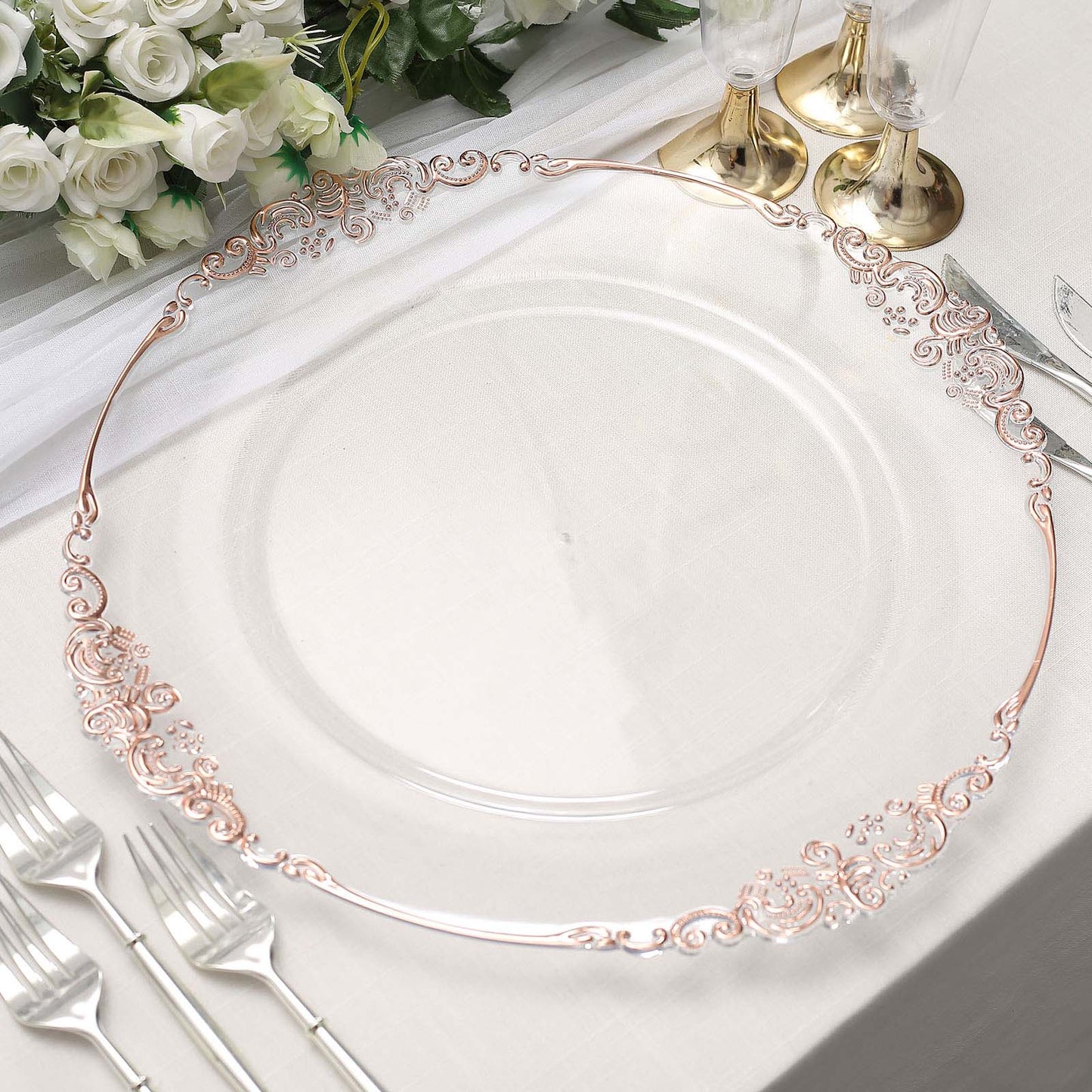 Embossed Baroque And Antique Rim Design On Clear Rose Gold 13 Inch Charger Plates 6 Pack