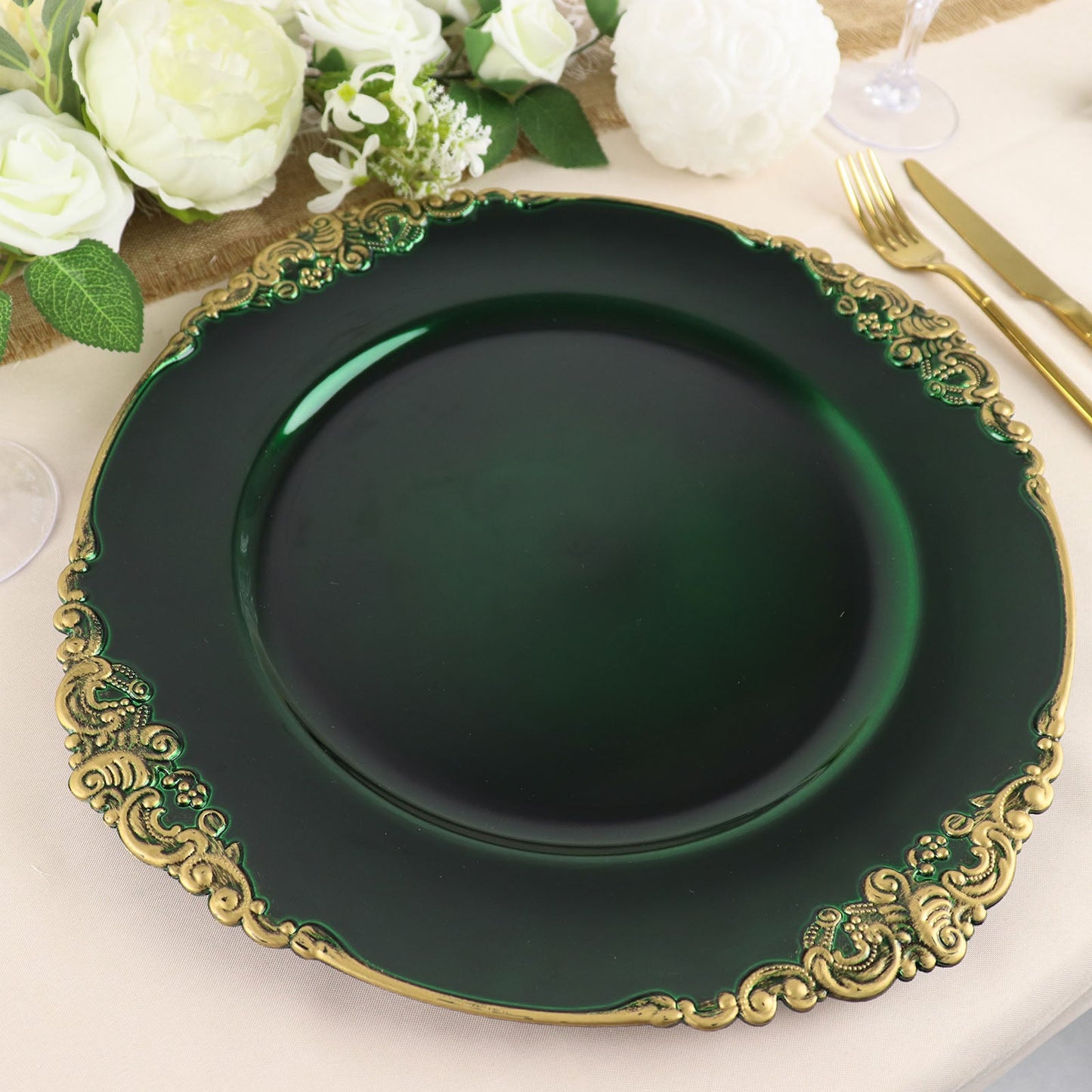 13 Inch Antique Design Rim Charger Plates Round Baroque Style Hunter Emerald Green Gold Embossed Pack of 6
