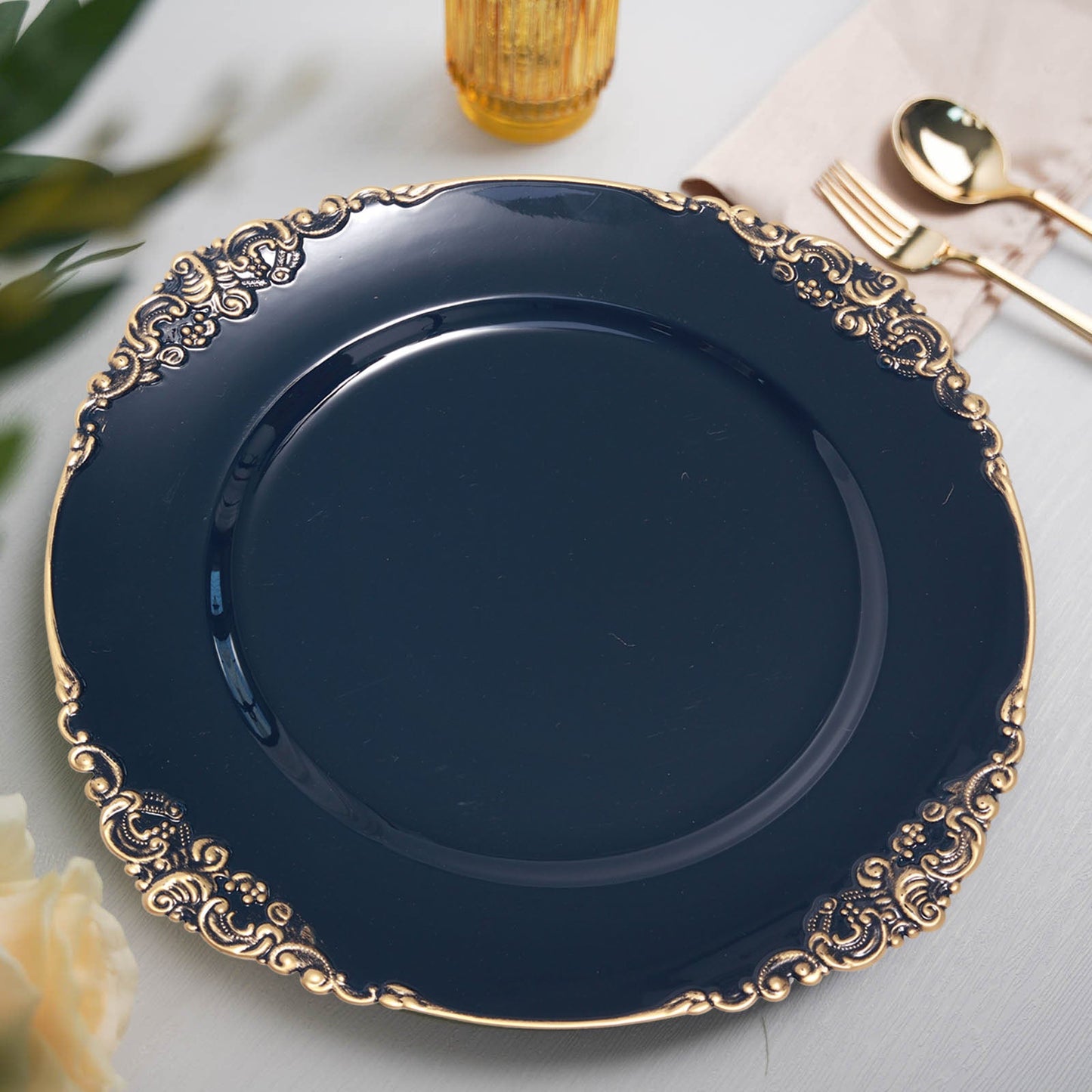 13 Inch Round Navy Blue Gold Charger Plates 6 Pack Embossed Baroque Antique Rim Design
