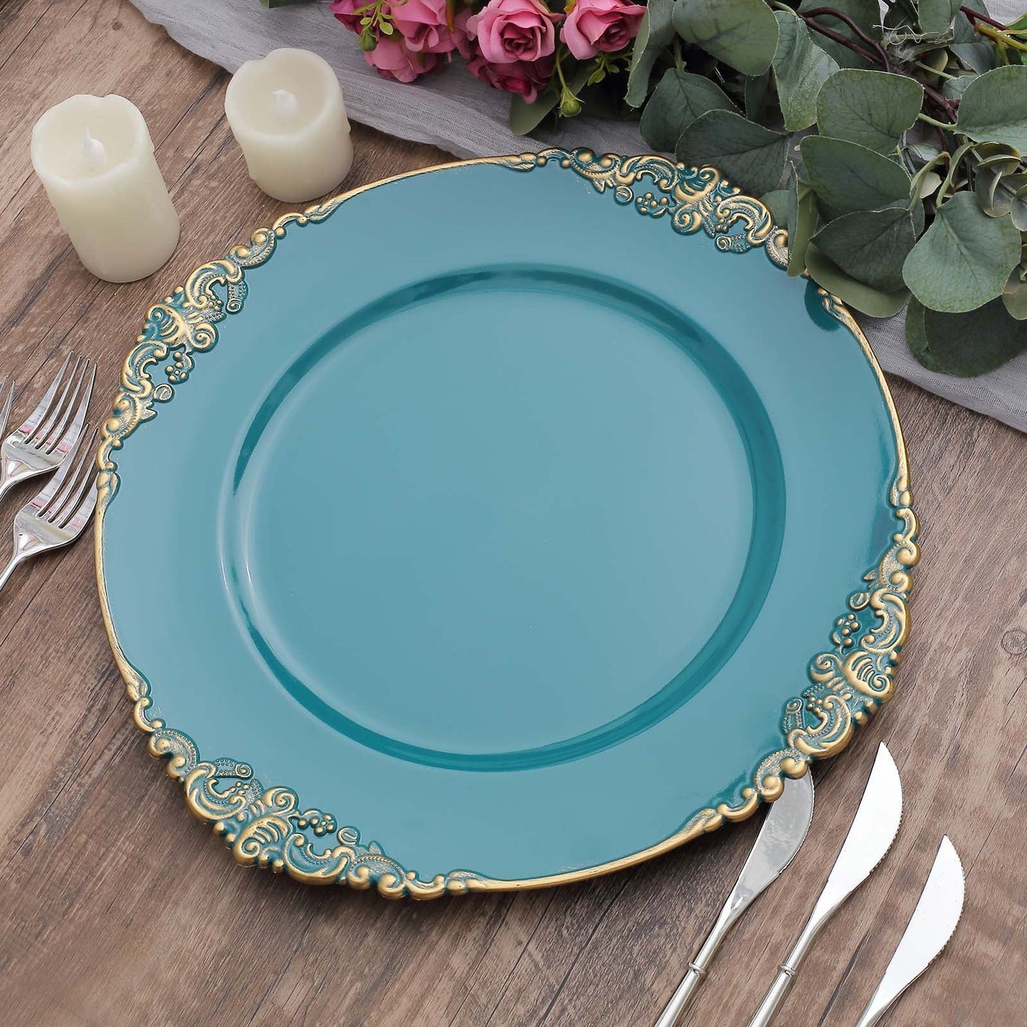6 Pack Of Peacock Teal Acrylic Charger Plates In Gold Embossed Rim