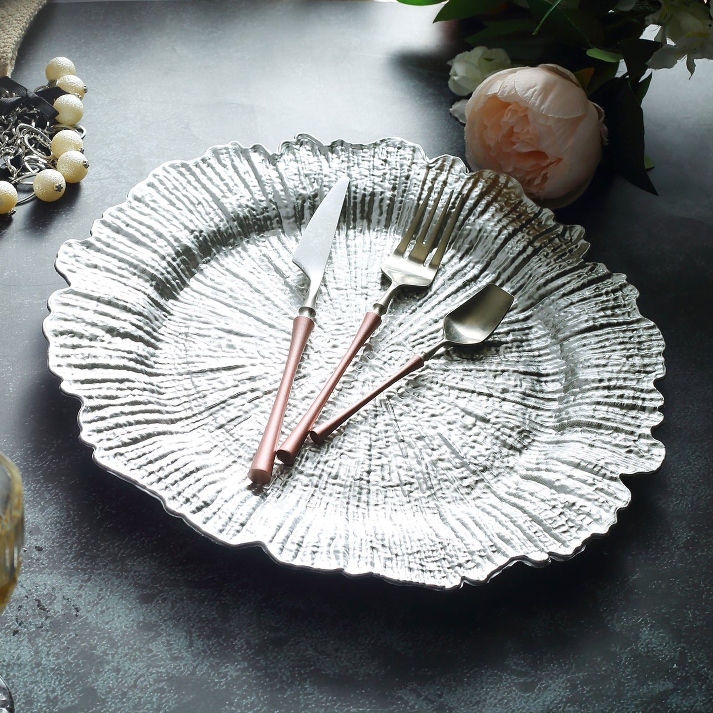 6 Pack | 13Inch Silver Round Reef Acrylic Plastic Charger Plates, Dinner Charger Plates