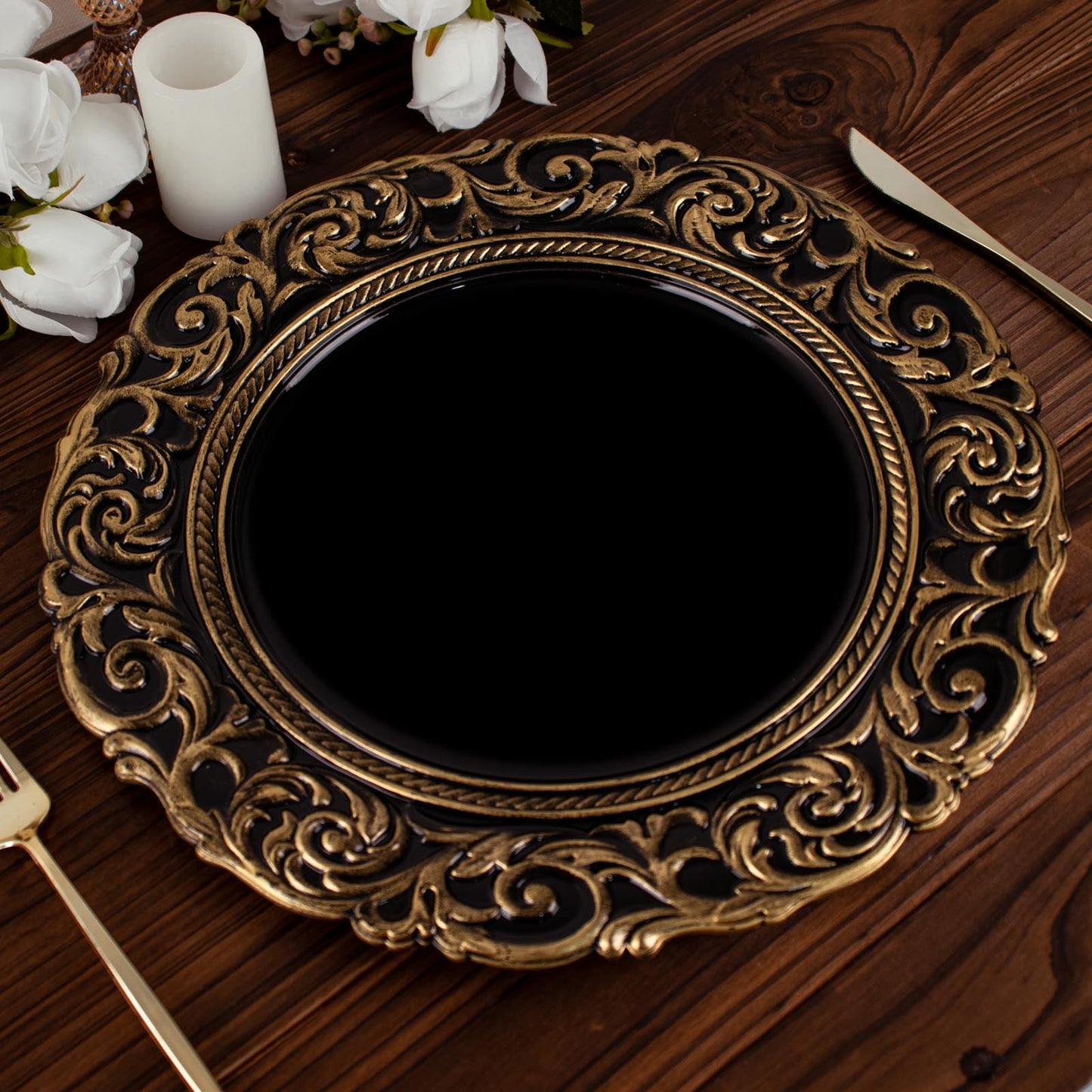 14 Inch Black Plastic Plates With Gold Engraved Baroque Rim Charger Plates