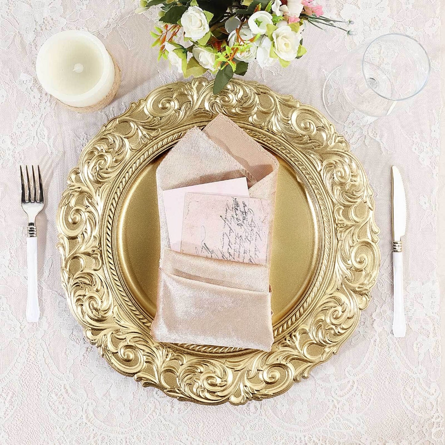 Metallic Gold 14 Inch Round Disposable Vintage Plastic Charger Plates with Engraved Baroque Rim 6 Pack