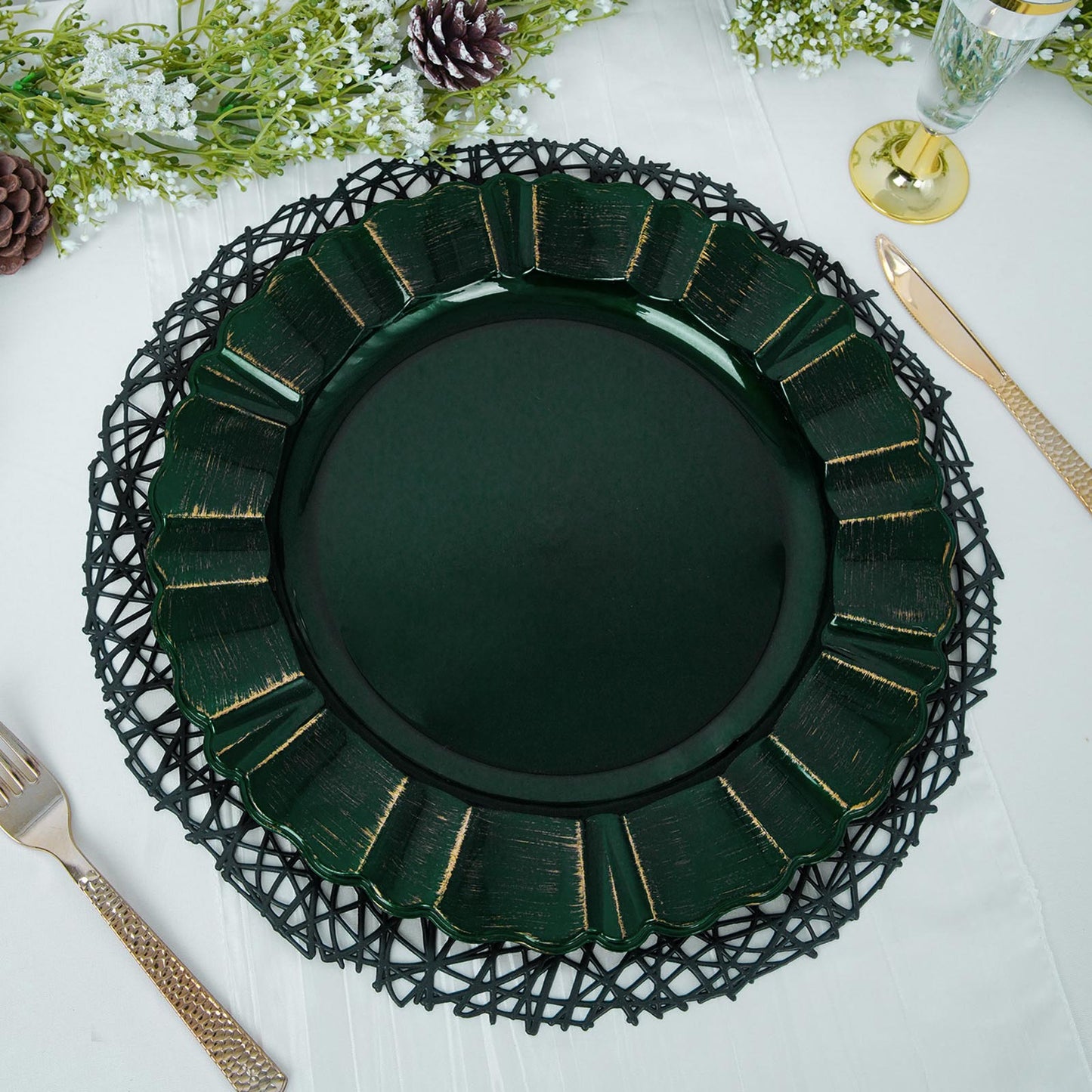 13" round emerald green acrylic charger plate with gold brushed wavy scalloped rim.
