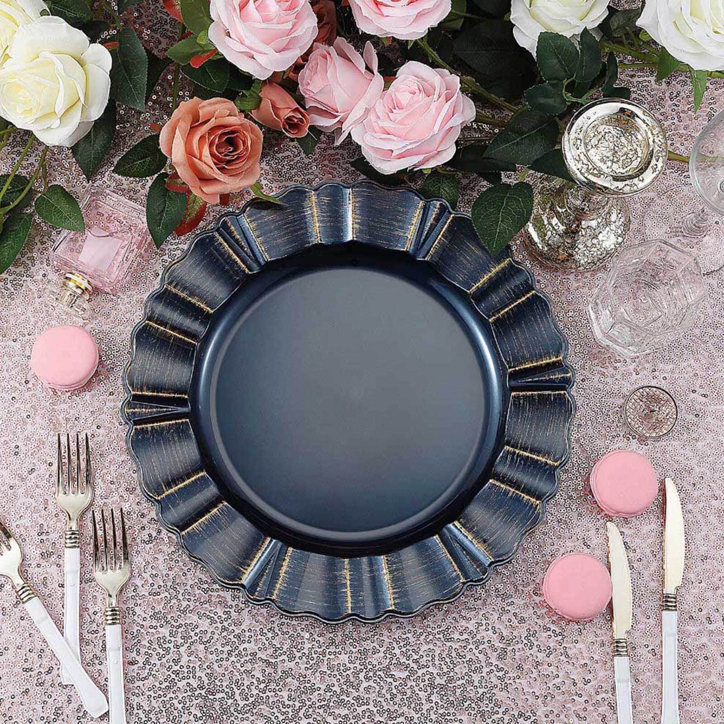 Navy blue acrylic charger plate with gold brushed wavy scalloped rim.