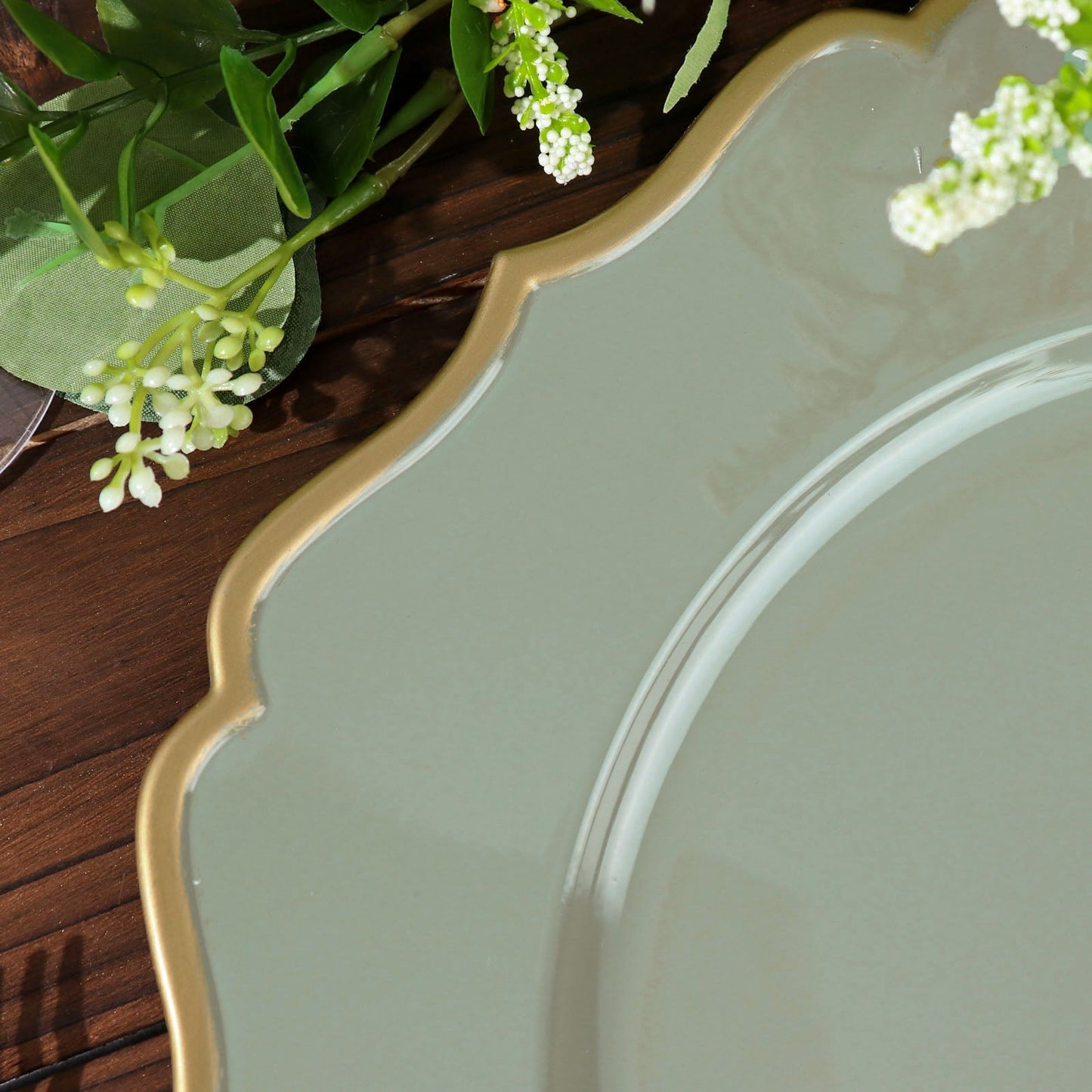 Dusty Sage 13 Inch Gold Scalloped Rim Charger Plates Acrylic Round 6 Pack