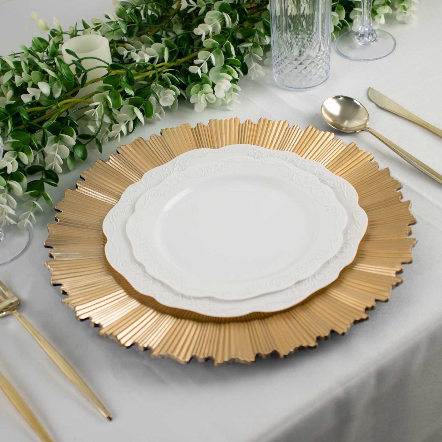 Metallic gold sunray acrylic serving plates with scalloped rim.