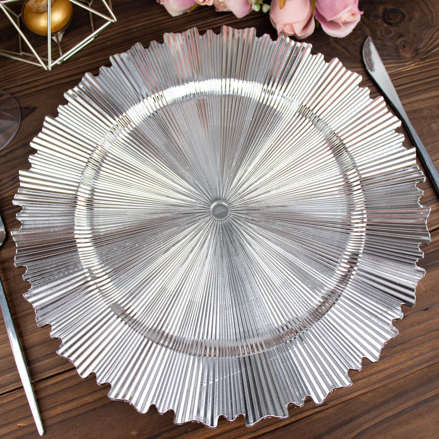 13" Metallic Silver Sunray Charger Plate with Scalloped Rim