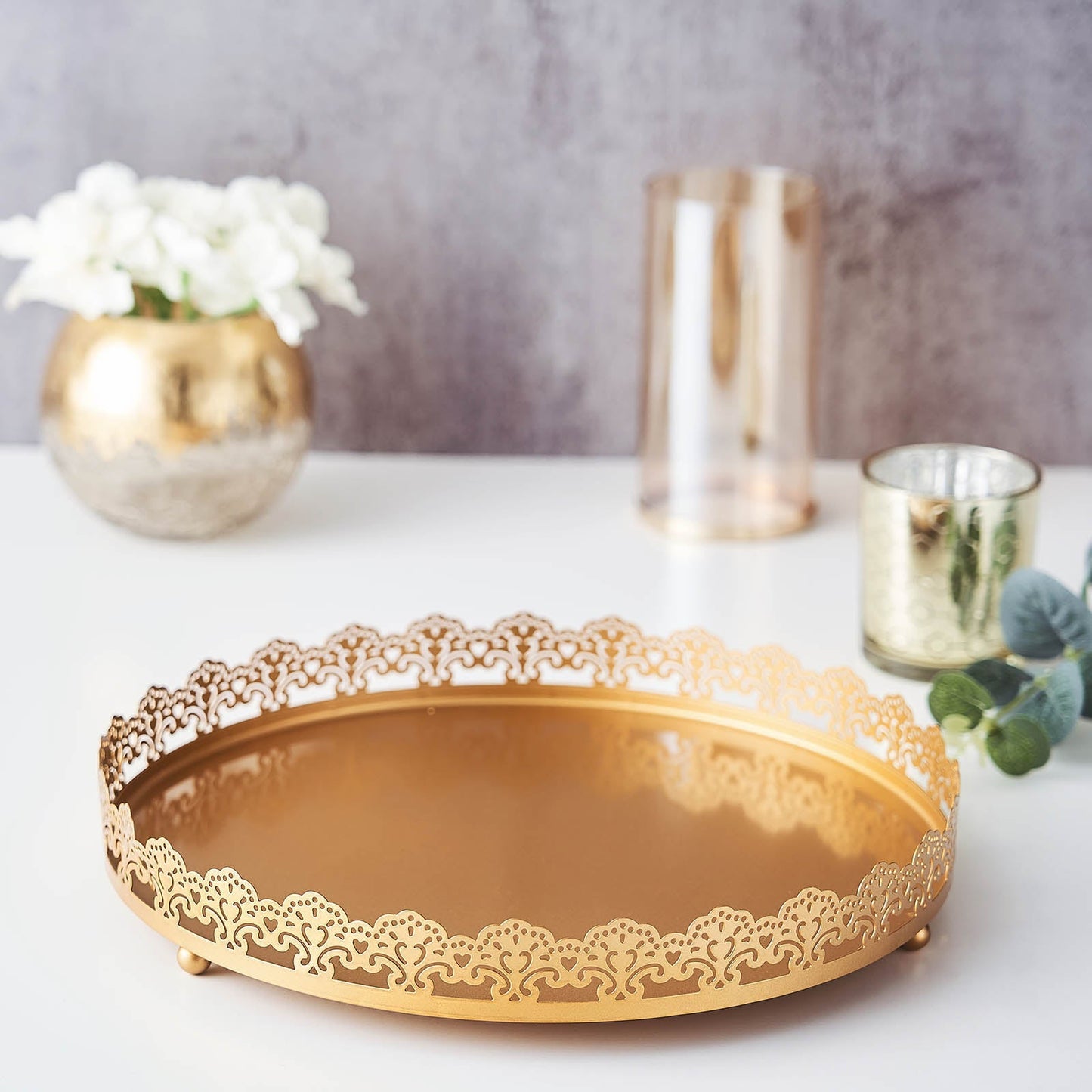 12inch Gold Premium Metal Decorative Vanity Serving Tray, Round With Embellished Rims