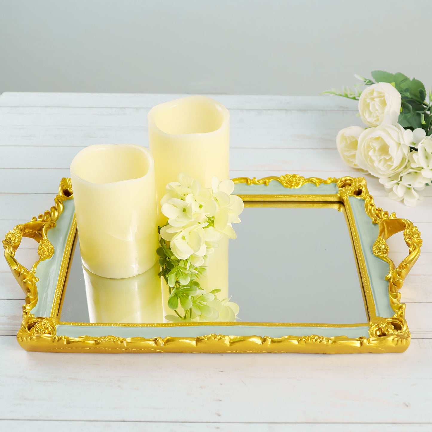 Mirrored 15 Inch x 10 Inch Rectangle Decorative Vanity Serving Tray in Metallic Gold & Mint Green