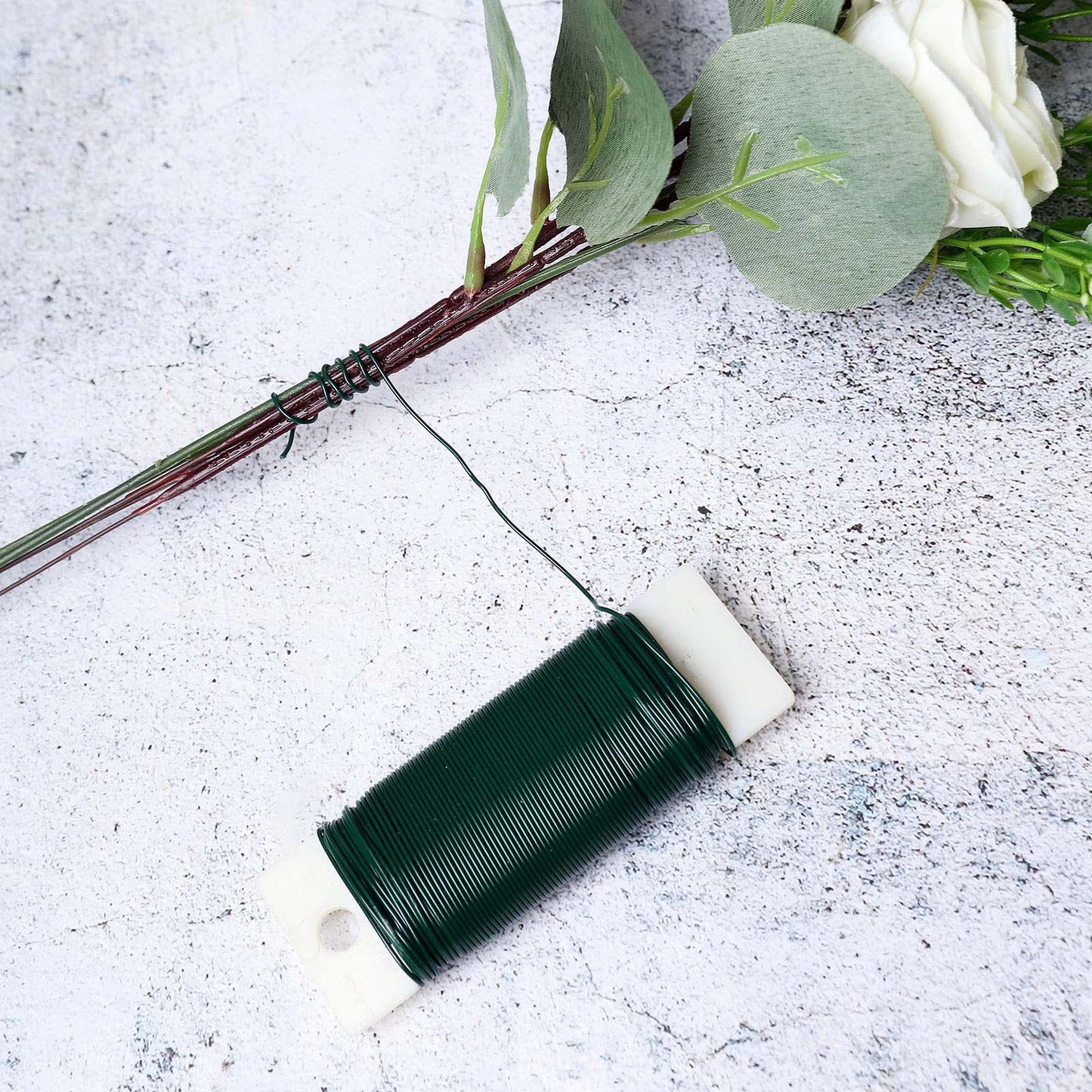Green floral wire for DIY crafts and flower arrangements, 38 yards.