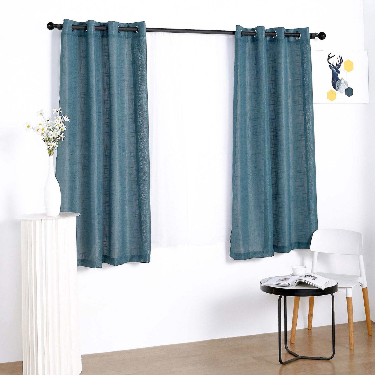 2 Pack Handmade Faux Linen Blue Curtains 52 Inch x 64 Inch With Chrome Grommets