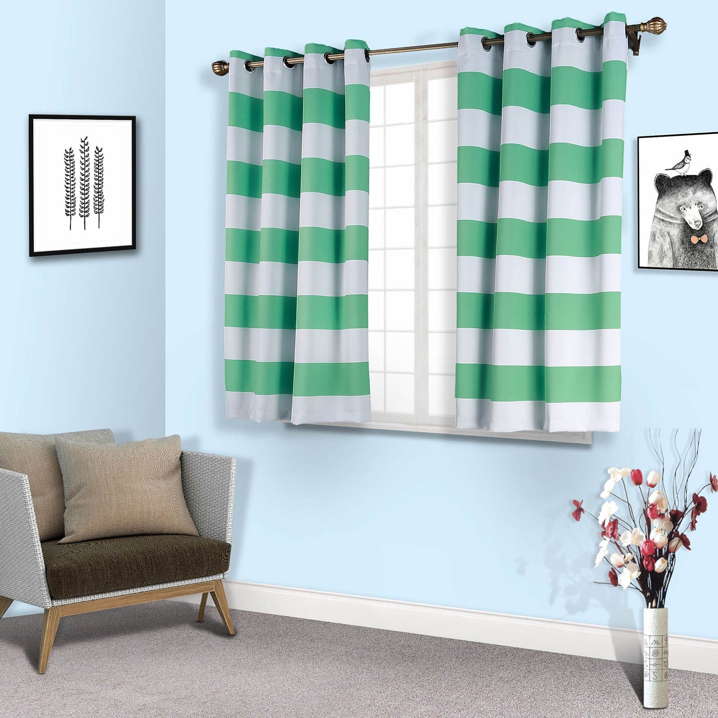 White and mint cabana stripe thermal blackout window curtain panels.