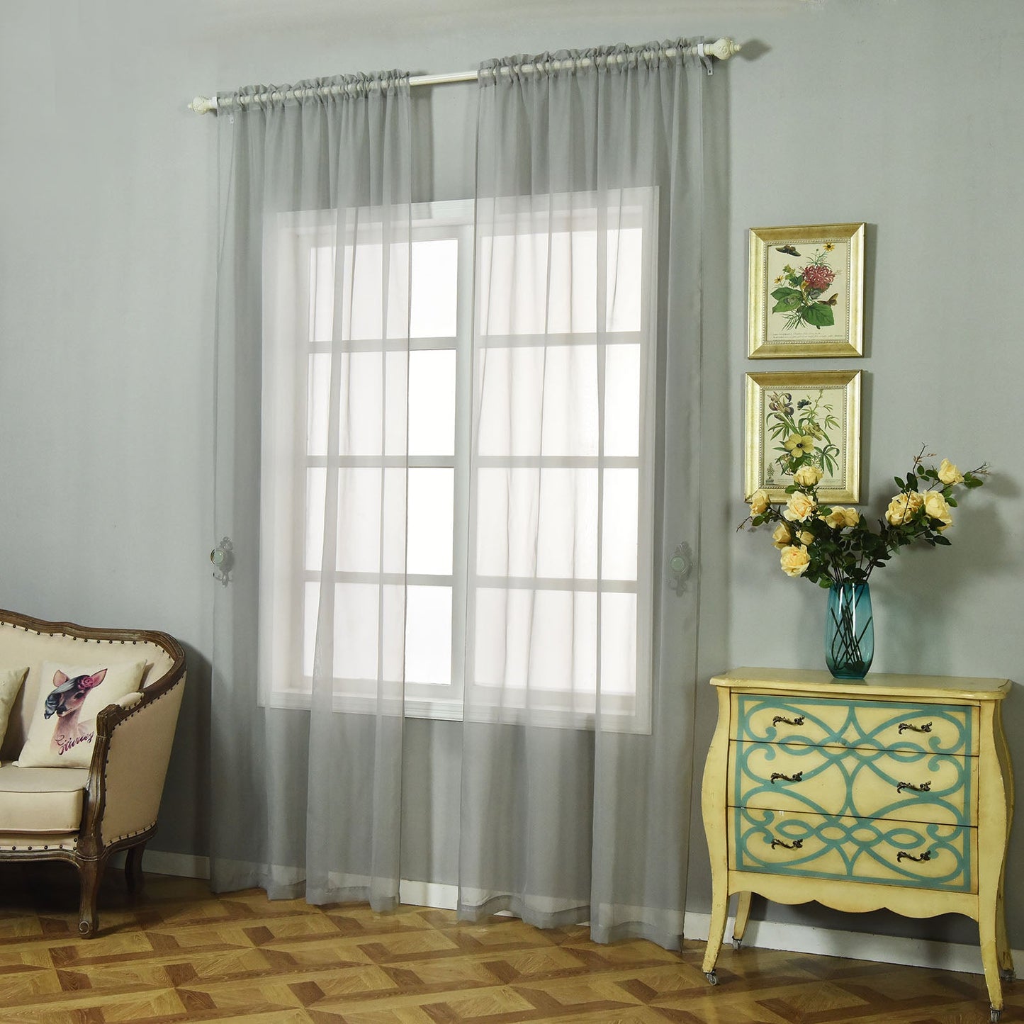 Silver sheer organza curtains with rod pocket, 52"x108".