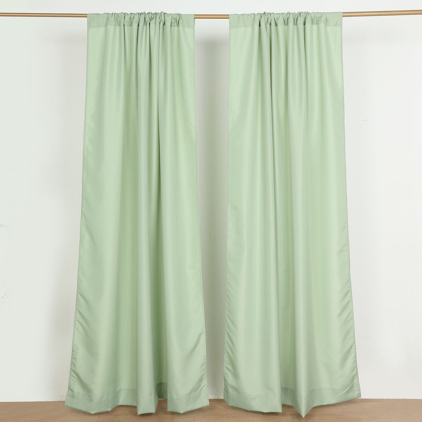 Sage green backdrop drape curtains with rod pockets, event divider panels.