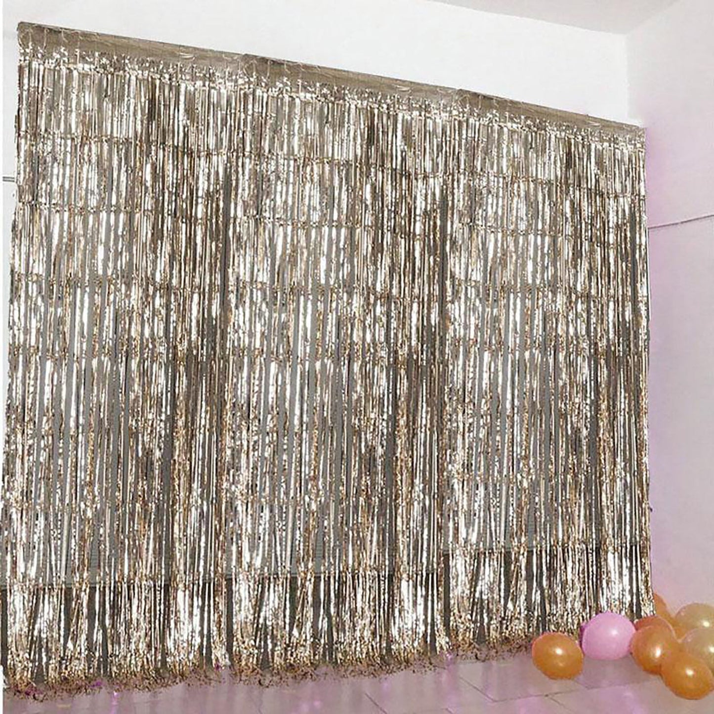 Metallic Champagne Curtain Backdrop 8 Feet In Tinsel Foil Fringe