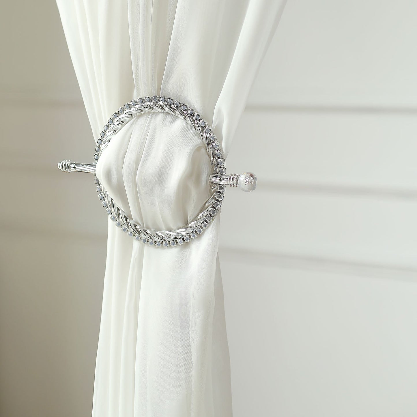 6" Silver acrylic braided barrette curtain tie back with crystal diamond edge.