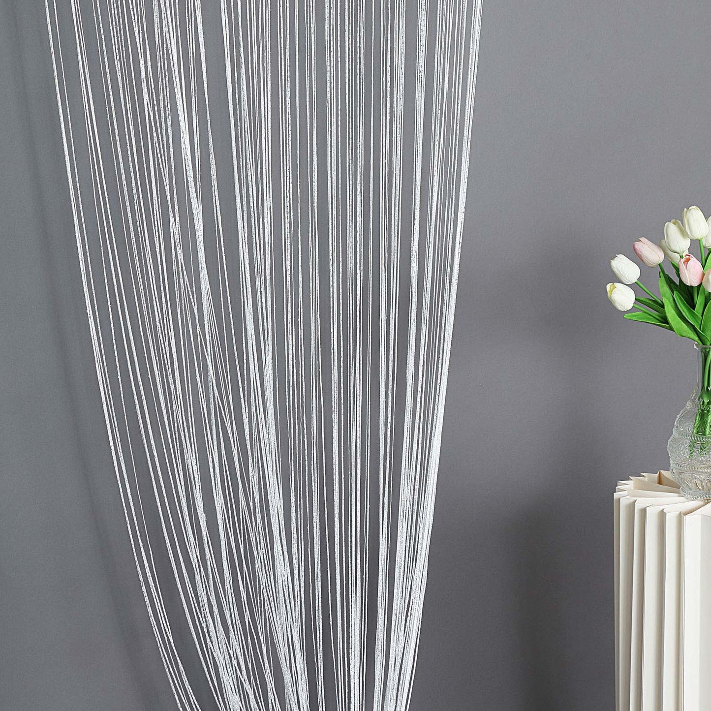 White/Silver Silk Tassel String Curtains for decorative room divider.