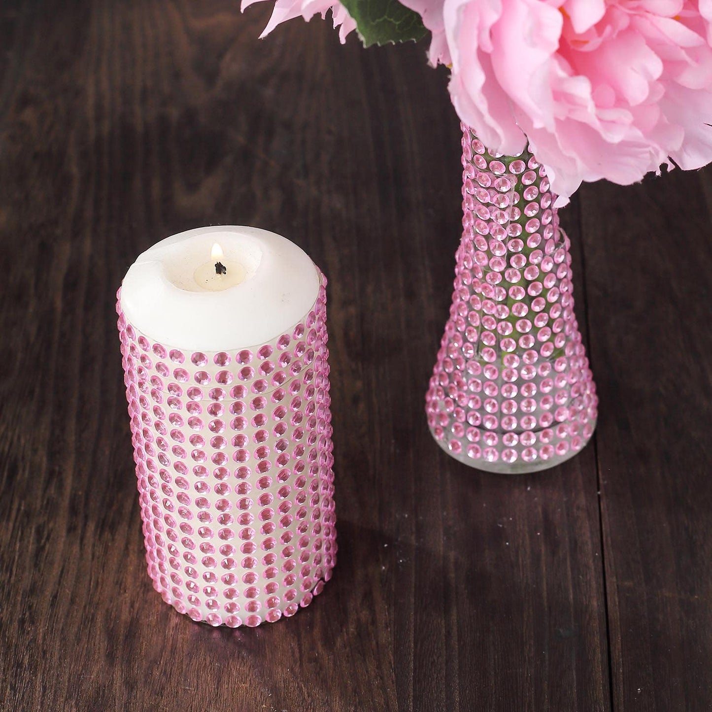 Blush self-adhesive rhinestone gem stickers on candle and vase.