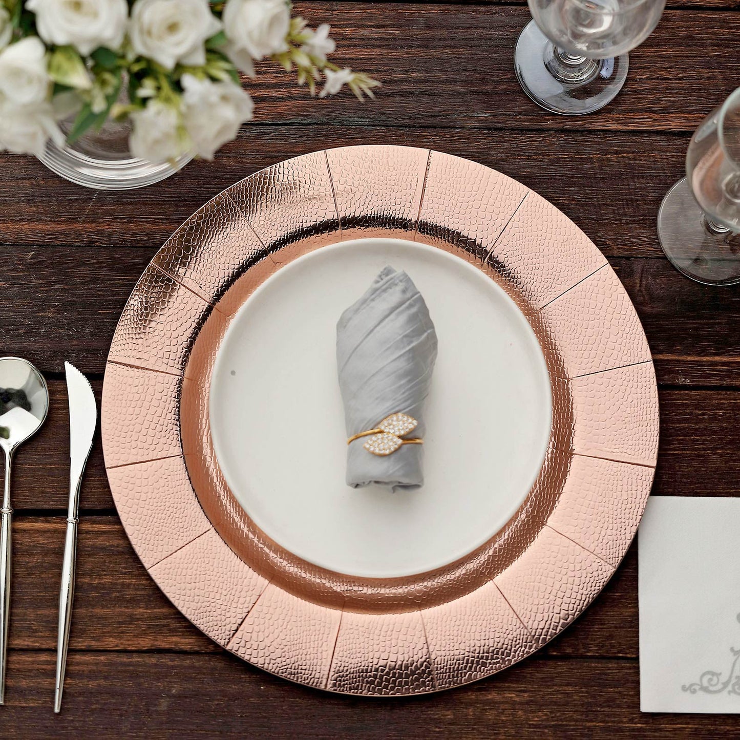Cardboard Serving 13 Inch Round Chargers with Leathery Texture 1100 GSM in Rose Gold Color 10 Pack