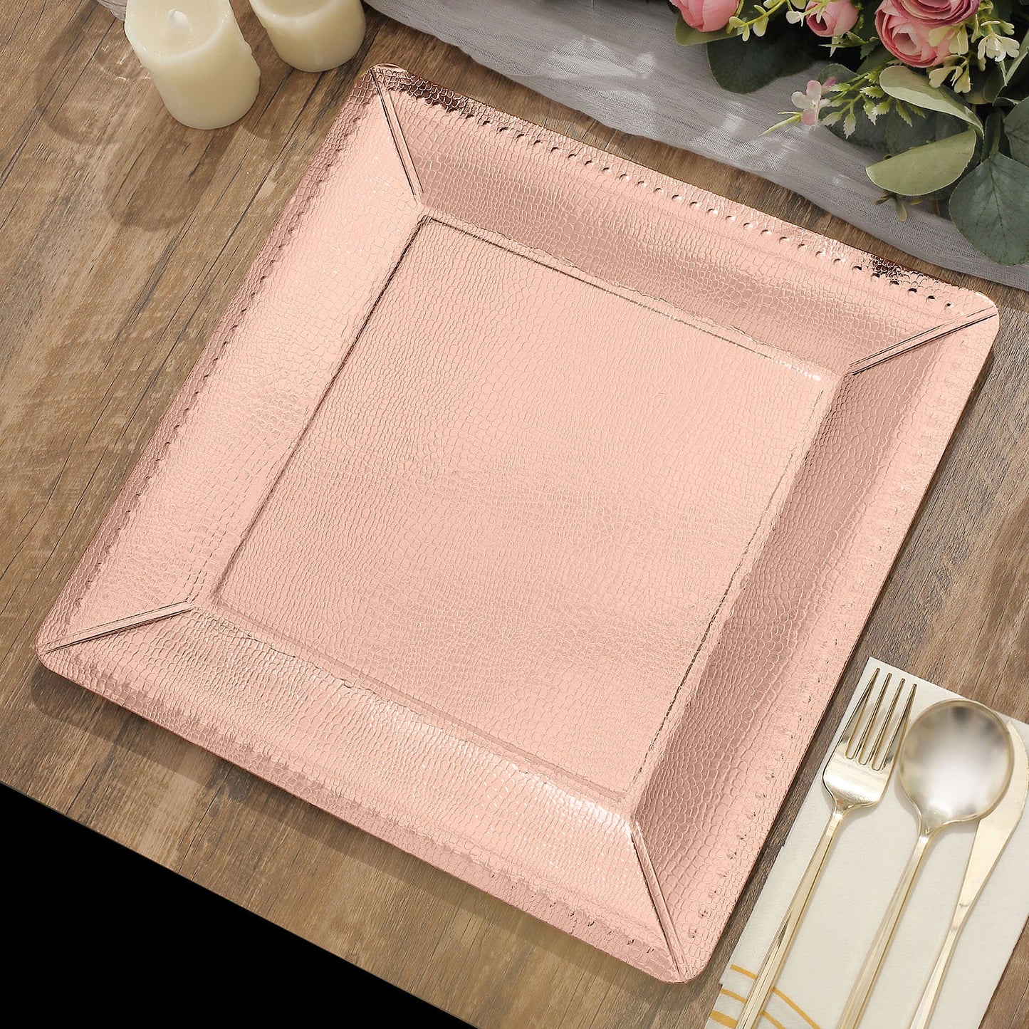 Rose Gold Square Charger 1100 GSM Cardboard Plates 13 Inch In Pack Of 10