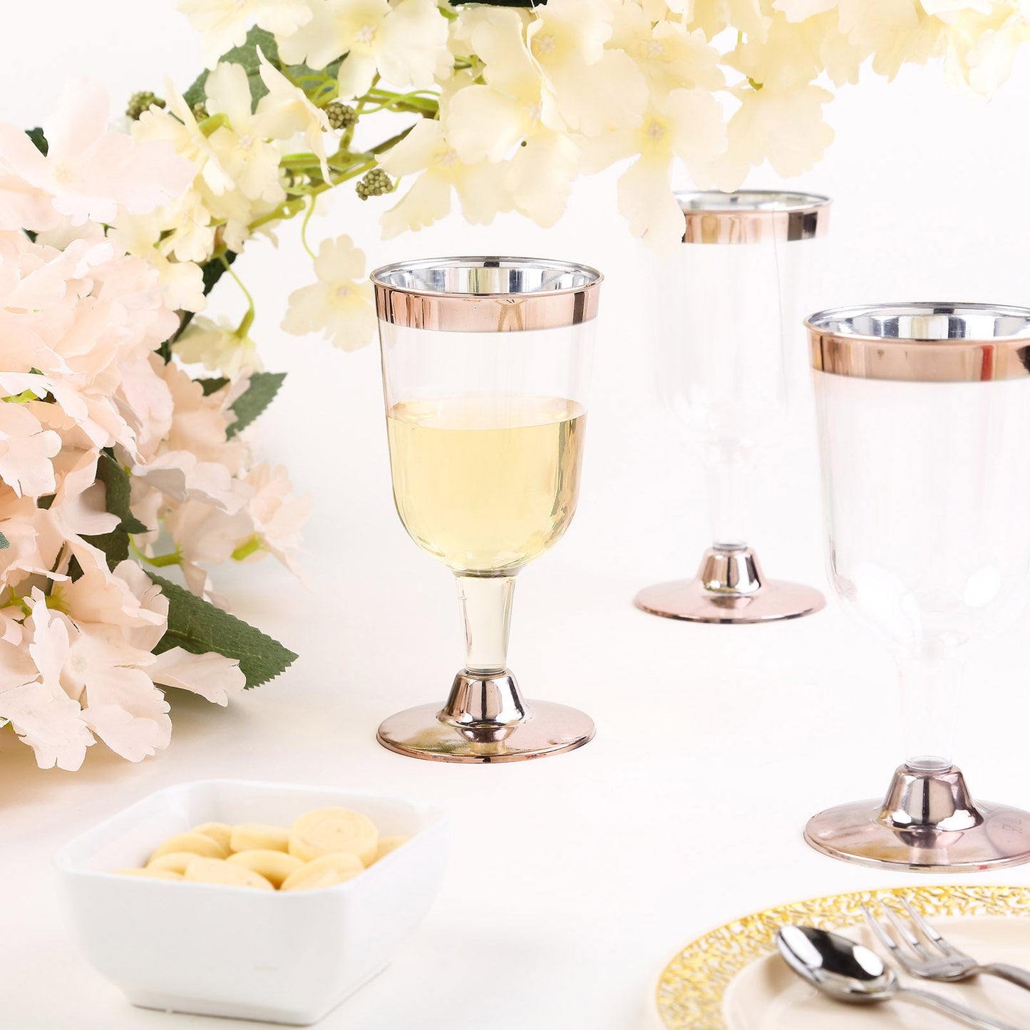 12 Pack | Clear 6oz Rose Gold Rim Plastic Wine Glasses Disposable Cups with Detachable Base