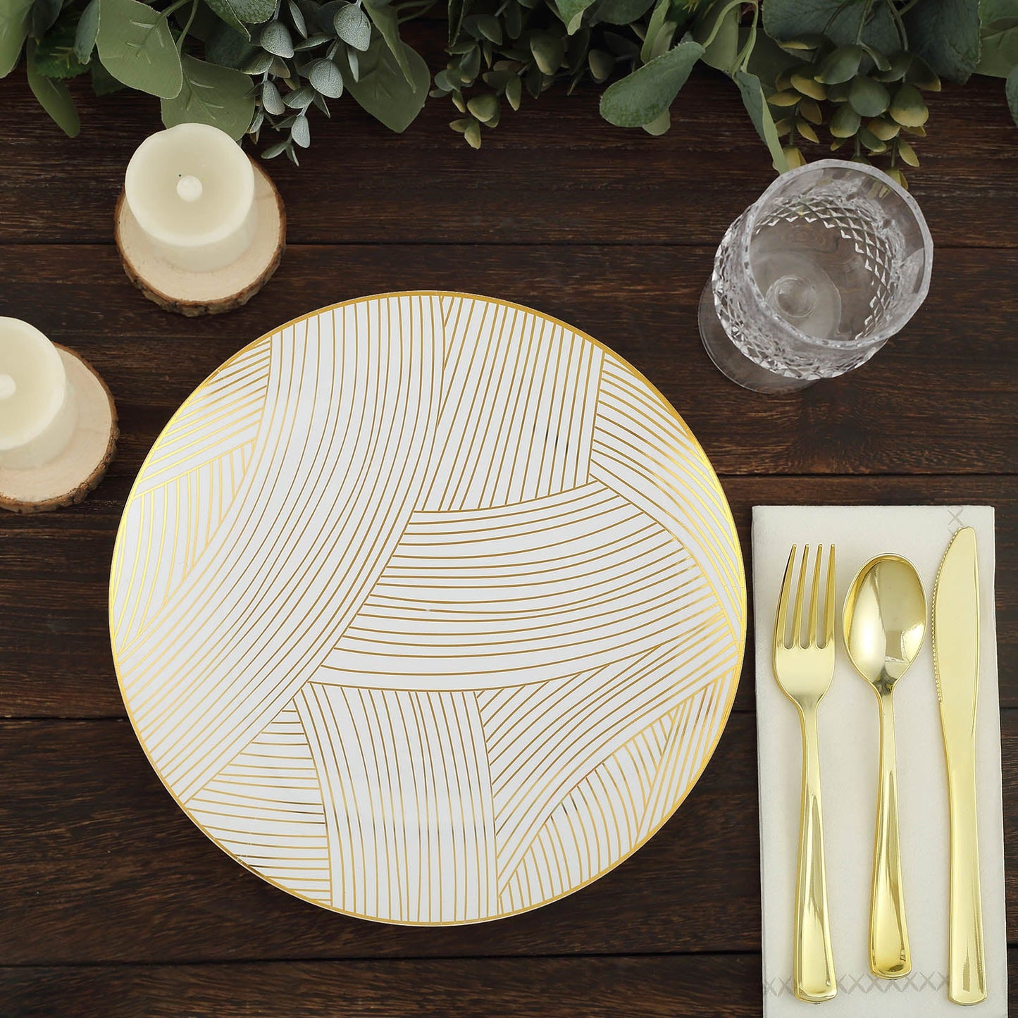 10 Pack | 10inches White And Gold Wave Brush Stroked Plastic Dinner Plates, Disposable Party Plates