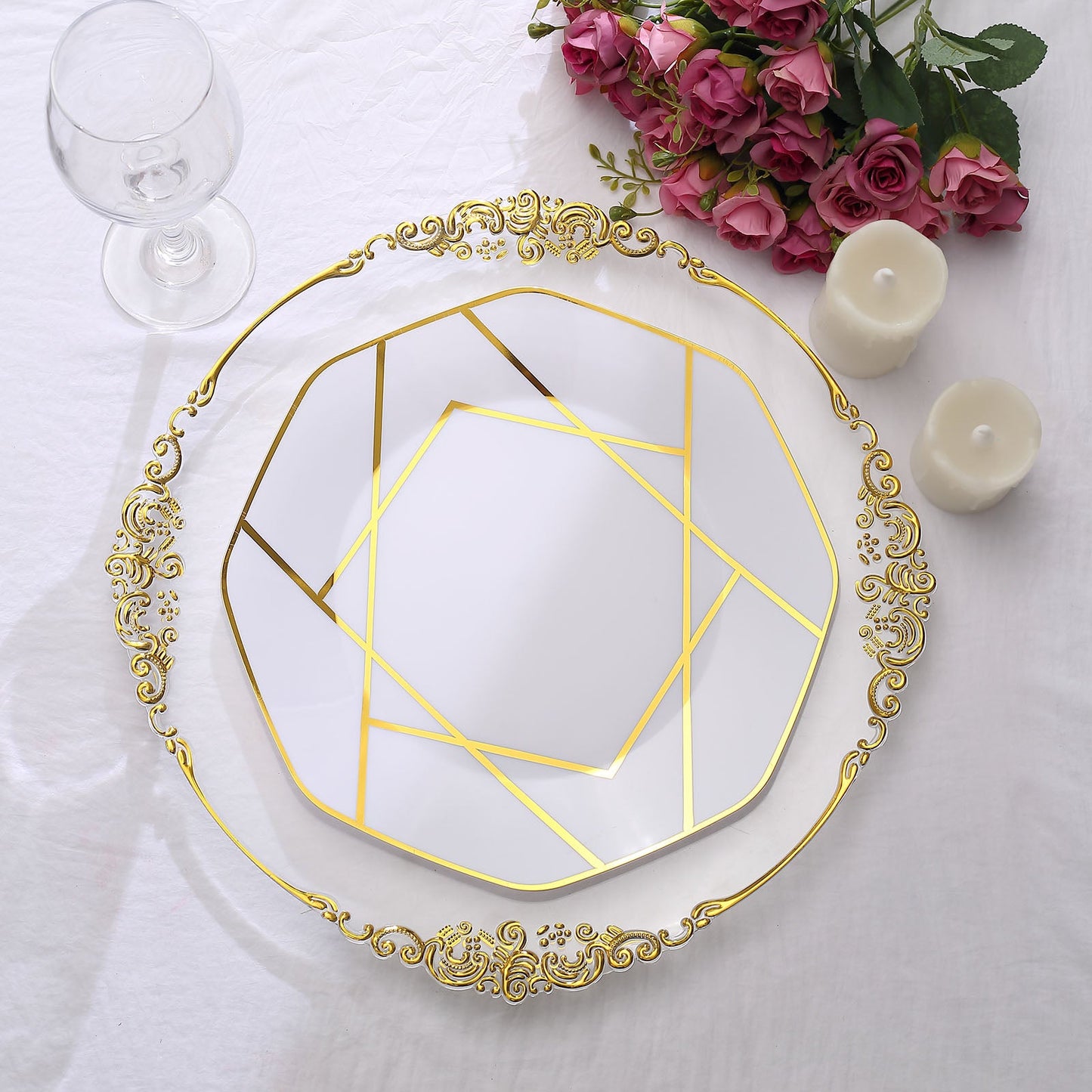 10" White and Gold Geometric Design Disposable Octagon Dinner Plate